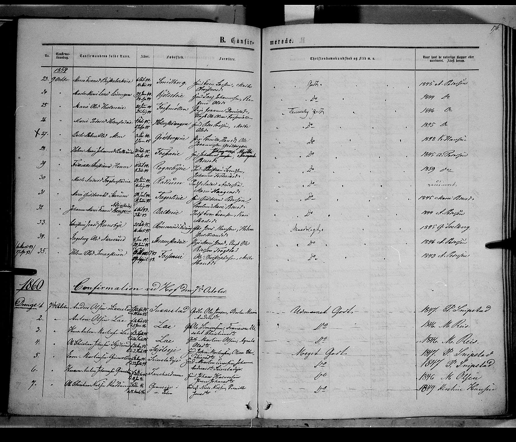 Østre Toten prestekontor, SAH/PREST-104/H/Ha/Haa/L0004: Parish register (official) no. 4, 1857-1865, p. 176