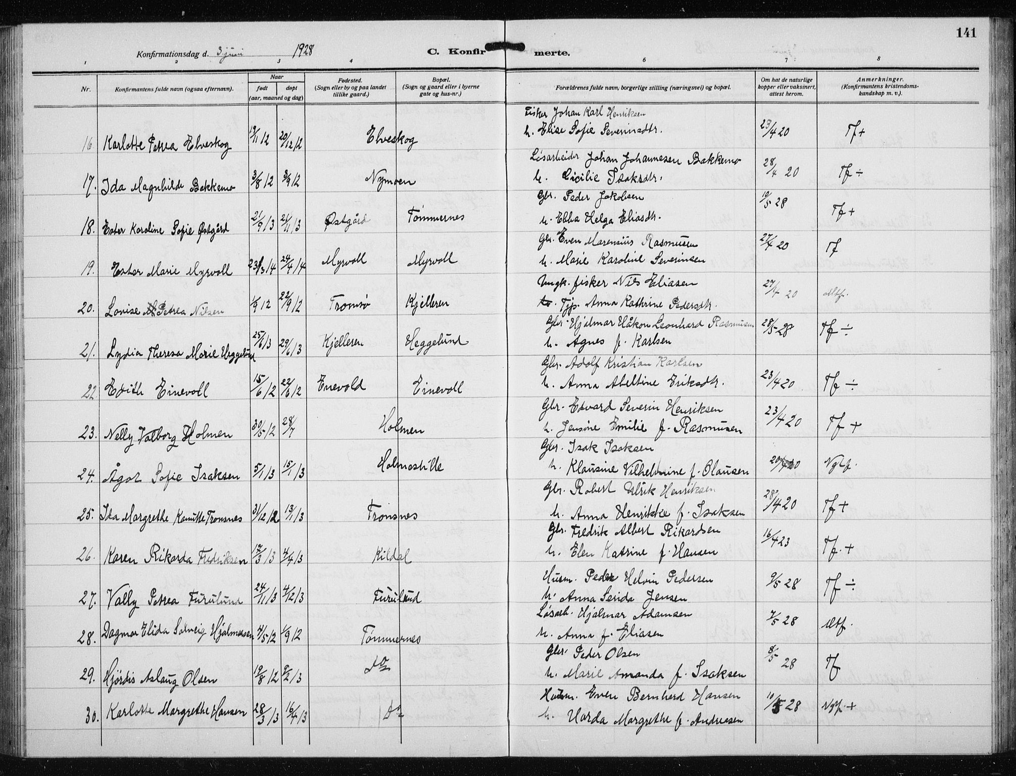 Skjervøy sokneprestkontor, AV/SATØ-S-1300/H/Ha/Hab/L0023klokker: Parish register (copy) no. 23, 1927-1943, p. 141