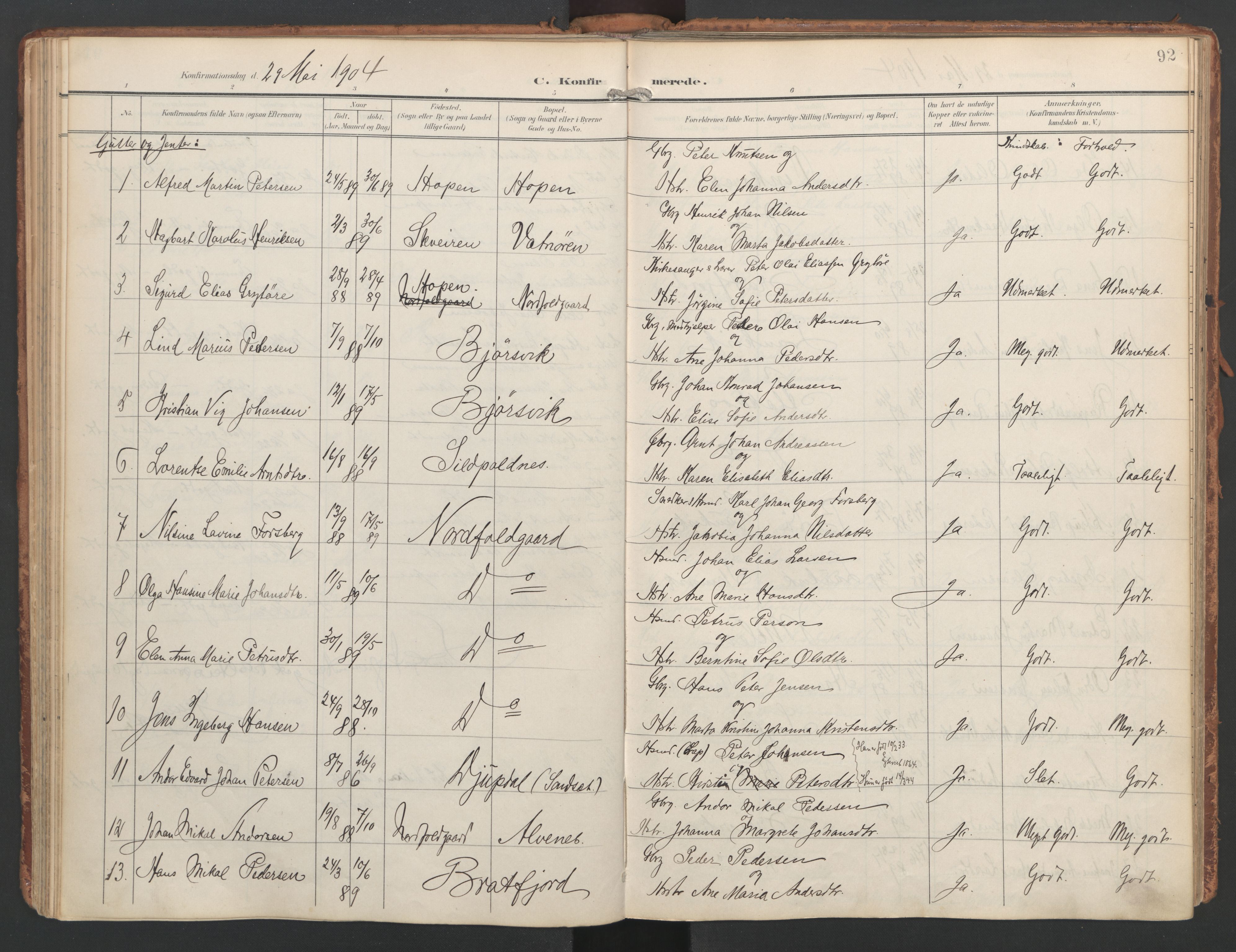 Ministerialprotokoller, klokkerbøker og fødselsregistre - Nordland, SAT/A-1459/858/L0832: Parish register (official) no. 858A02, 1902-1915, p. 92