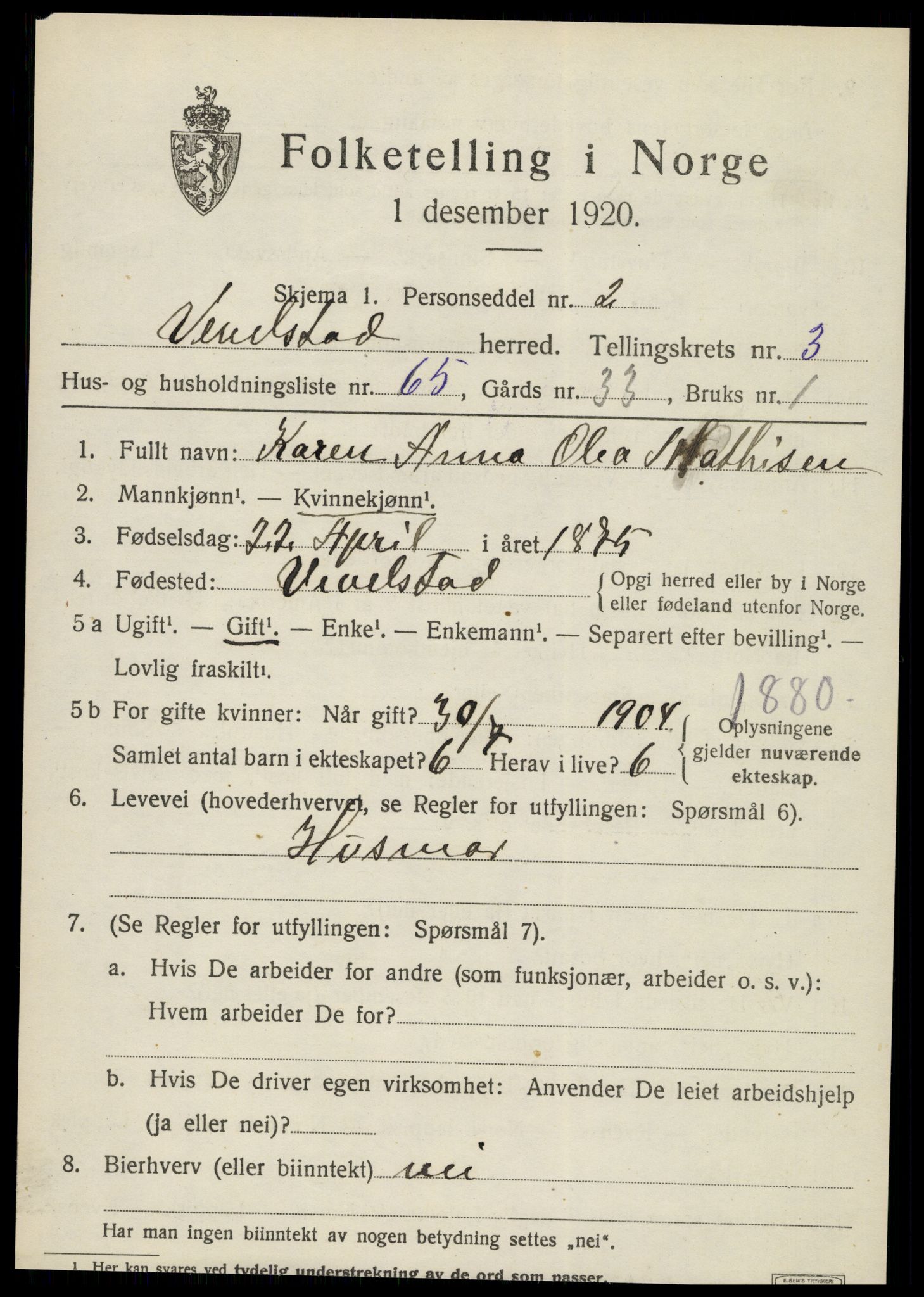 SAT, 1920 census for Vevelstad, 1920, p. 2558