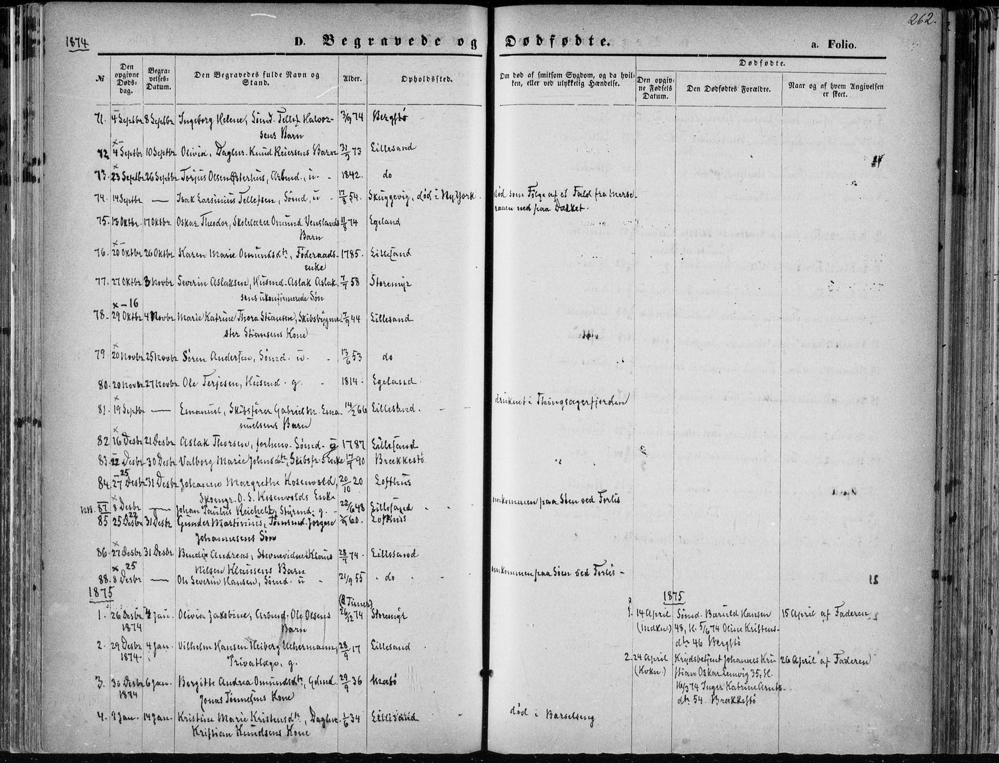 Vestre Moland sokneprestkontor, SAK/1111-0046/F/Fa/Fab/L0008: Parish register (official) no. A 8, 1873-1883, p. 262