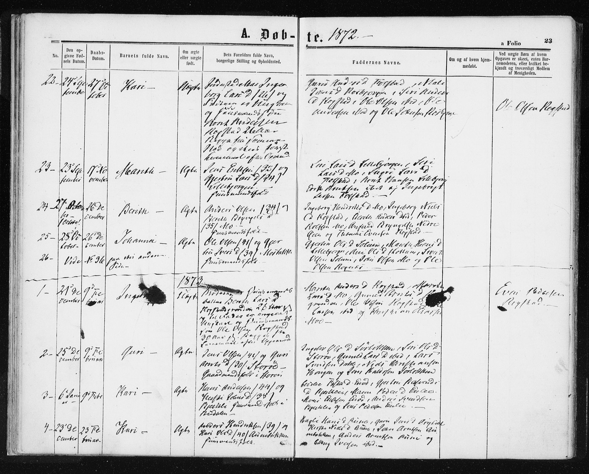 Ministerialprotokoller, klokkerbøker og fødselsregistre - Sør-Trøndelag, SAT/A-1456/687/L1001: Parish register (official) no. 687A07, 1863-1878, p. 23