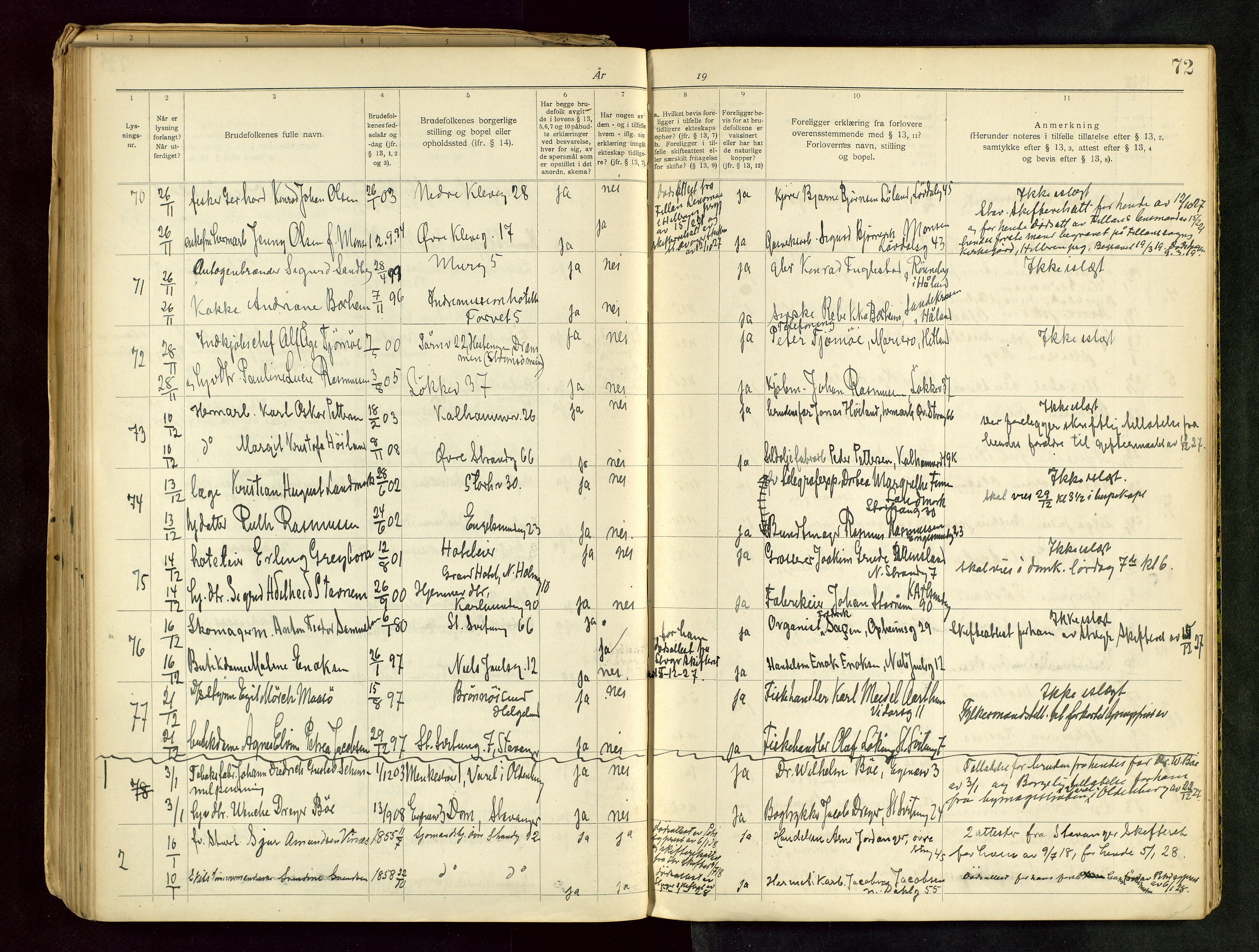 Domkirken sokneprestkontor, AV/SAST-A-101812/001/70/705BB/L0001: Banns register no. 1, 1920-1930, p. 72