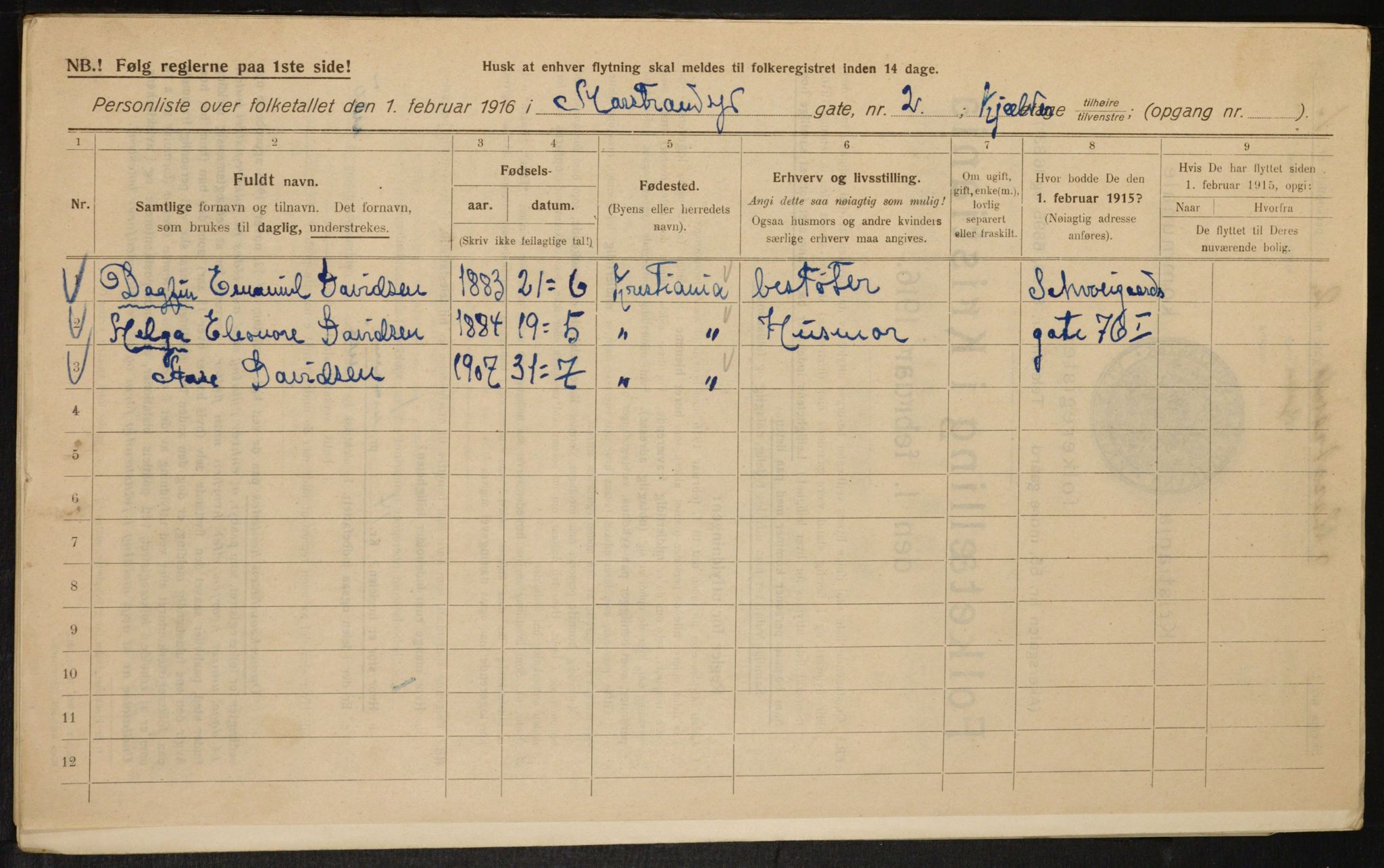 OBA, Municipal Census 1916 for Kristiania, 1916, p. 66345