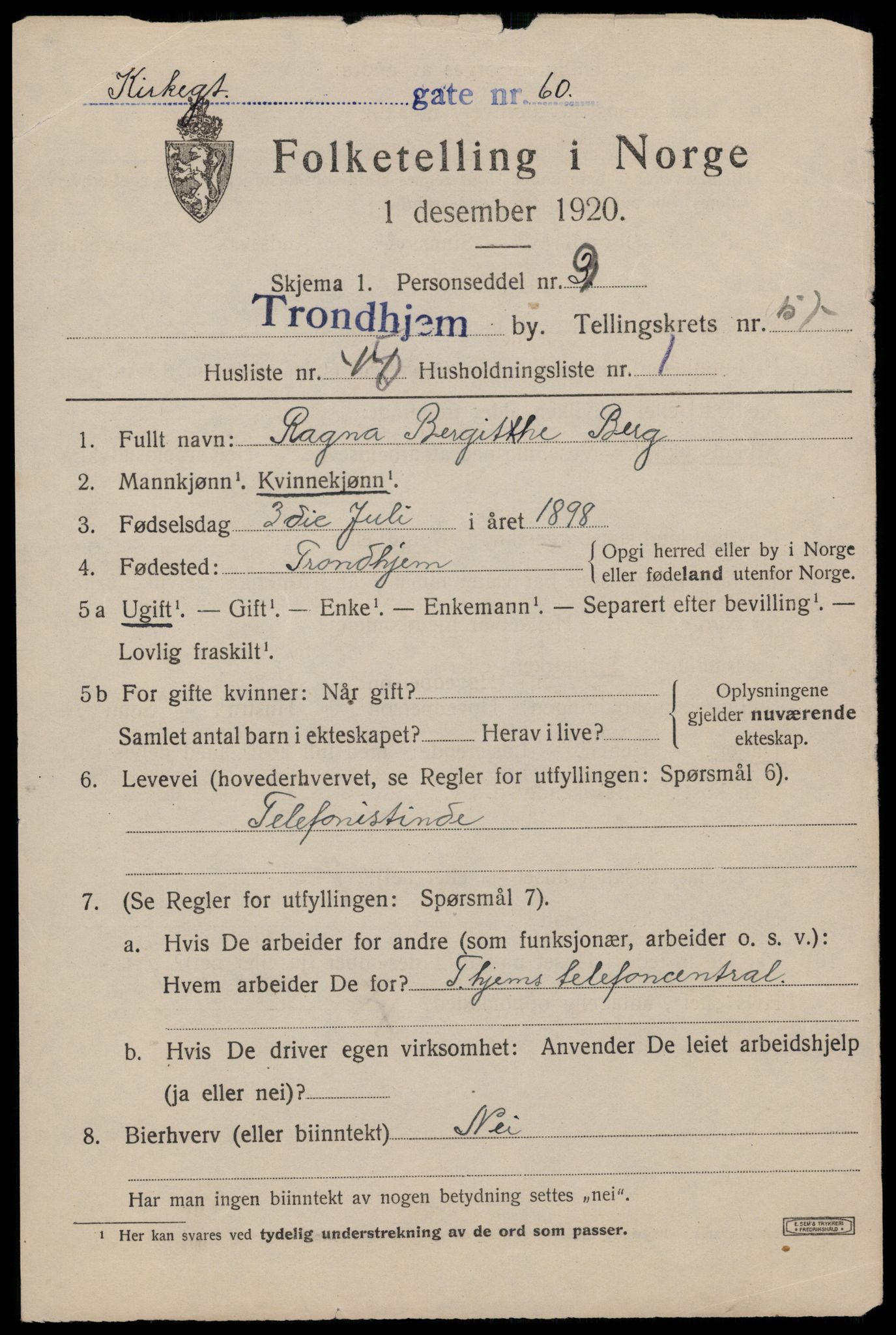 SAT, 1920 census for Trondheim, 1920, p. 117460