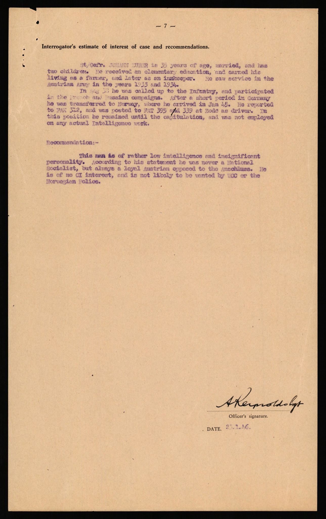 Forsvaret, Forsvarets overkommando II, AV/RA-RAFA-3915/D/Db/L0040: CI Questionaires. Tyske okkupasjonsstyrker i Norge. Østerrikere., 1945-1946, p. 473