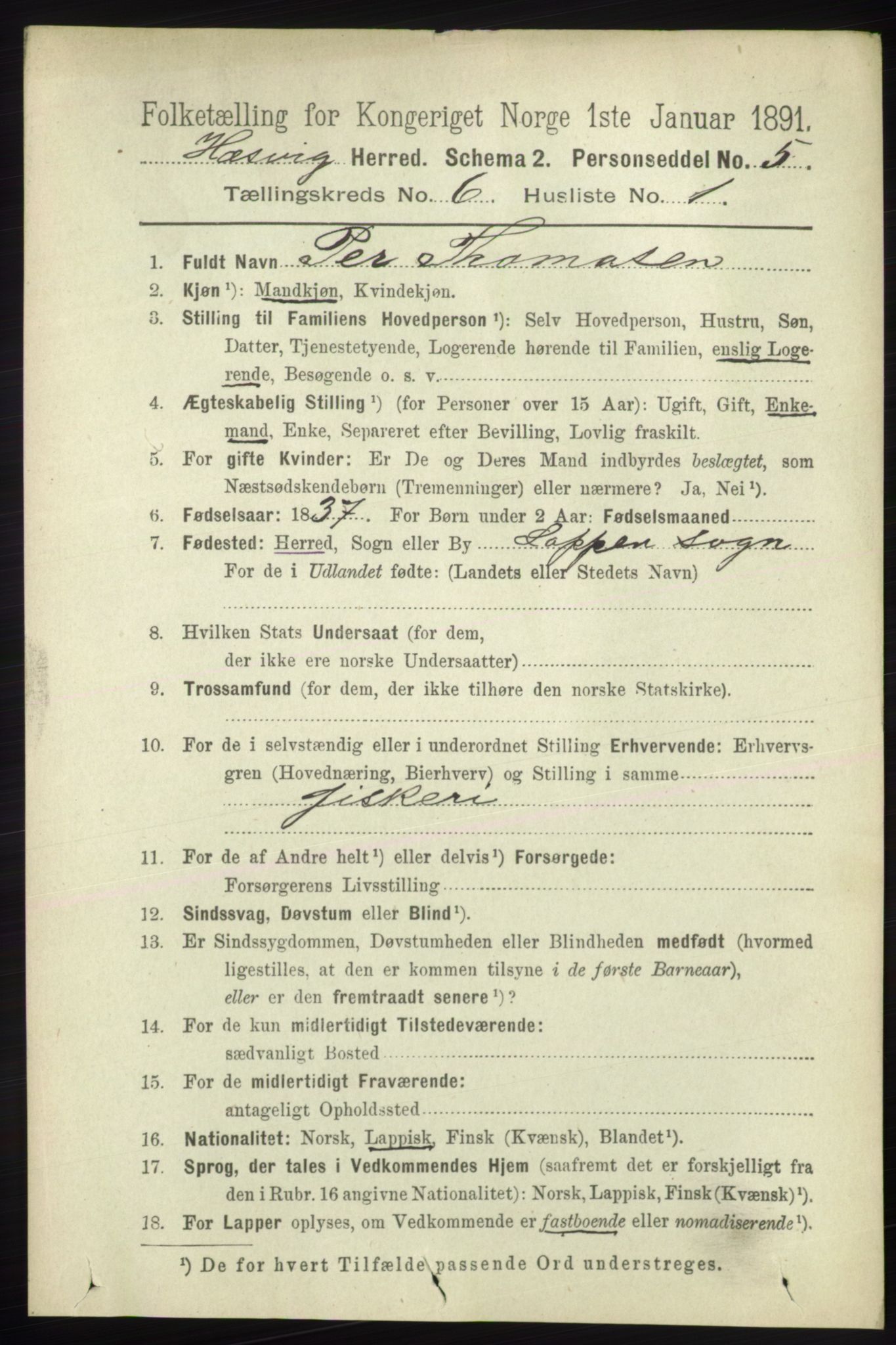 RA, 1891 census for 2015 Hasvik, 1891, p. 870