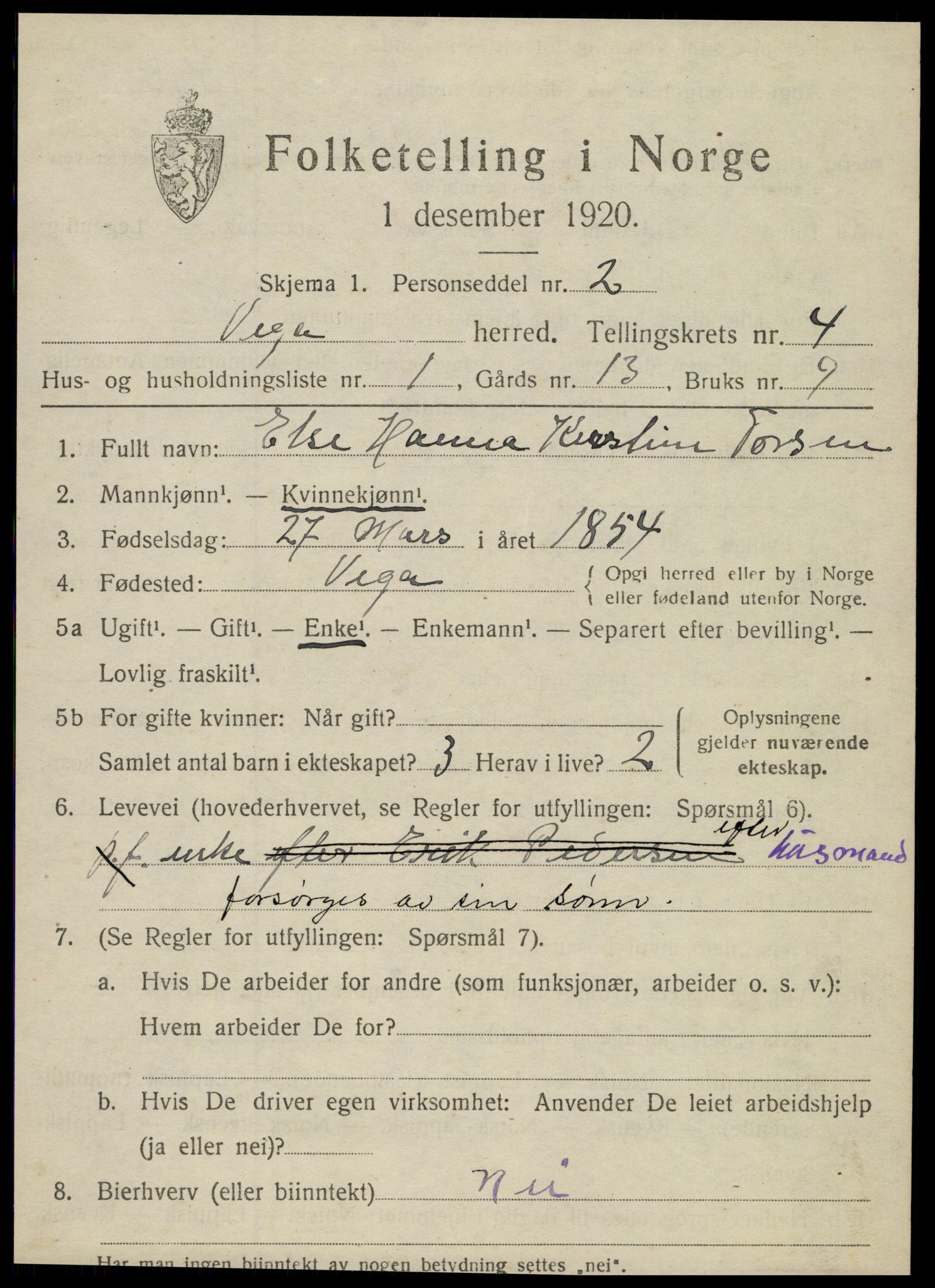 SAT, 1920 census for Vega, 1920, p. 2155