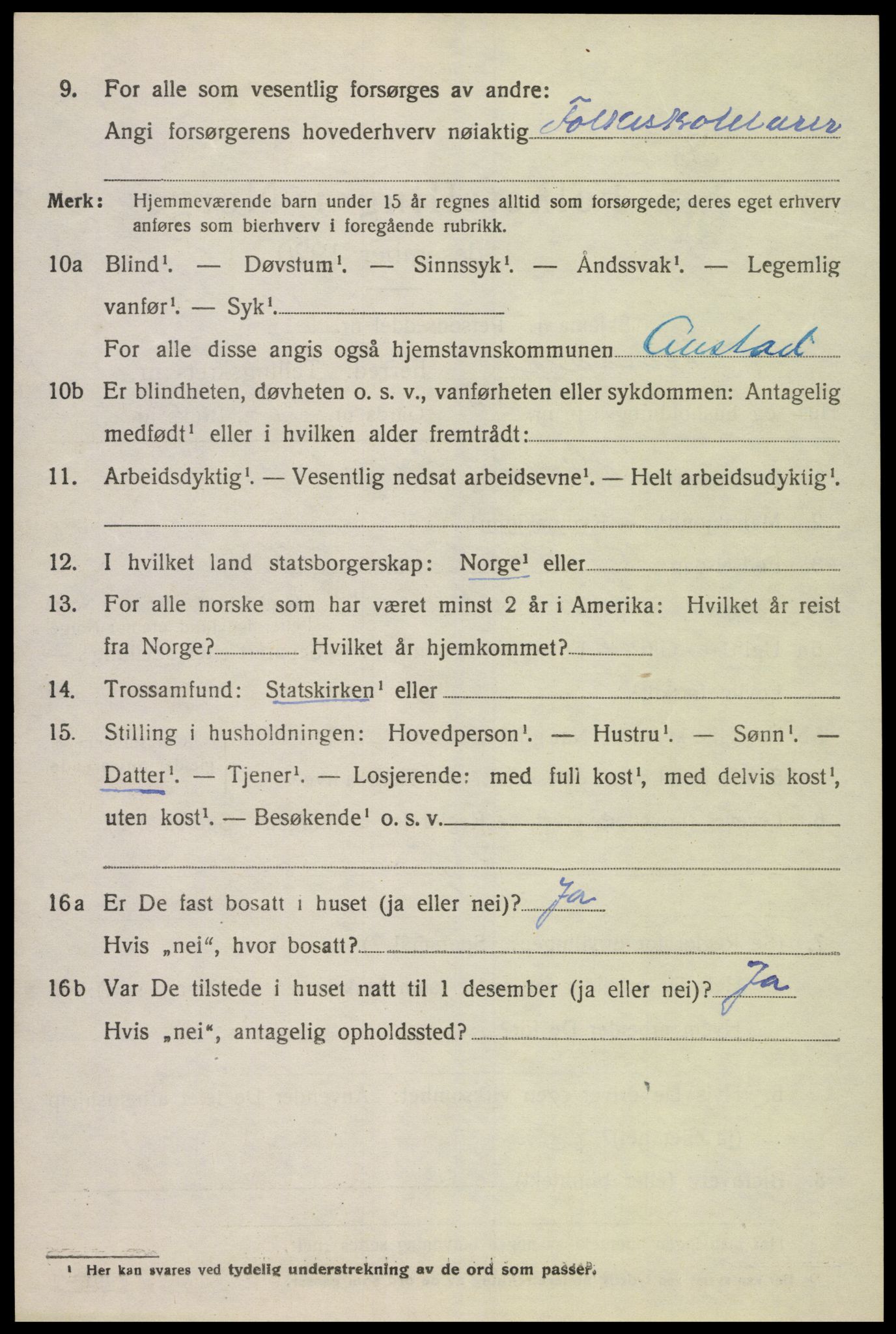 SAK, 1920 census for Austad, 1920, p. 1436