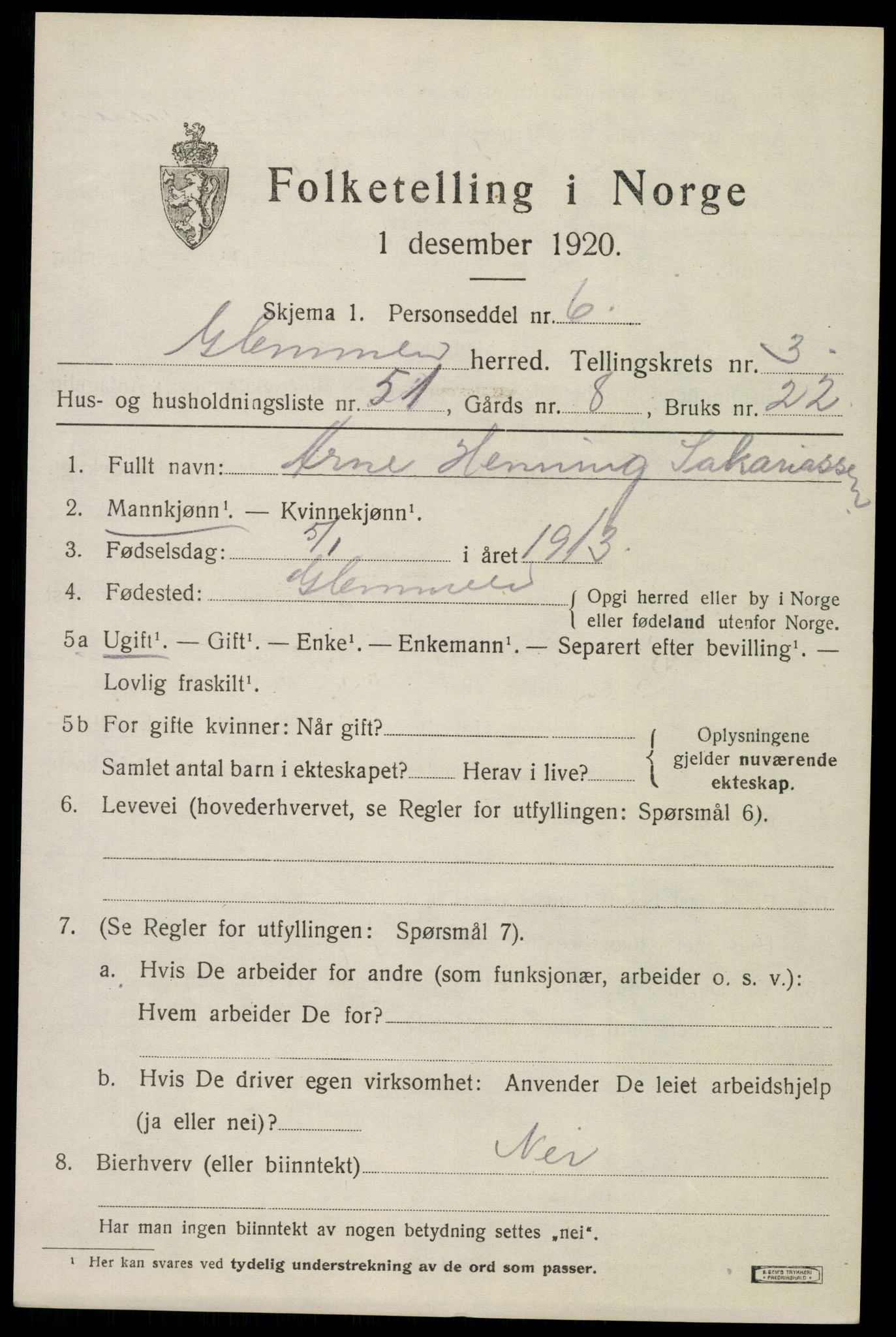 SAO, 1920 census for Glemmen, 1920, p. 6931