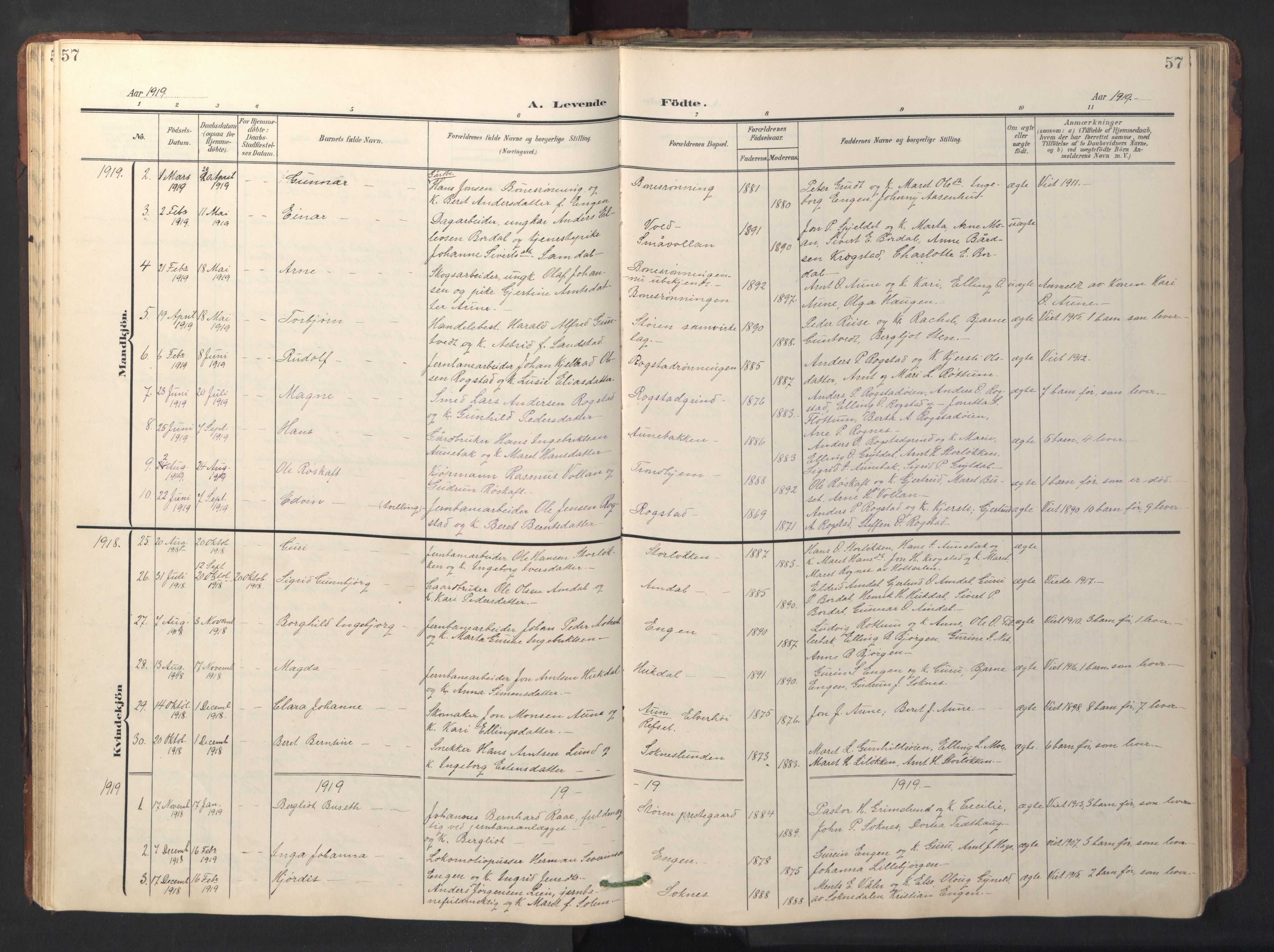 Ministerialprotokoller, klokkerbøker og fødselsregistre - Sør-Trøndelag, SAT/A-1456/687/L1019: Parish register (copy) no. 687C03, 1904-1931, p. 57
