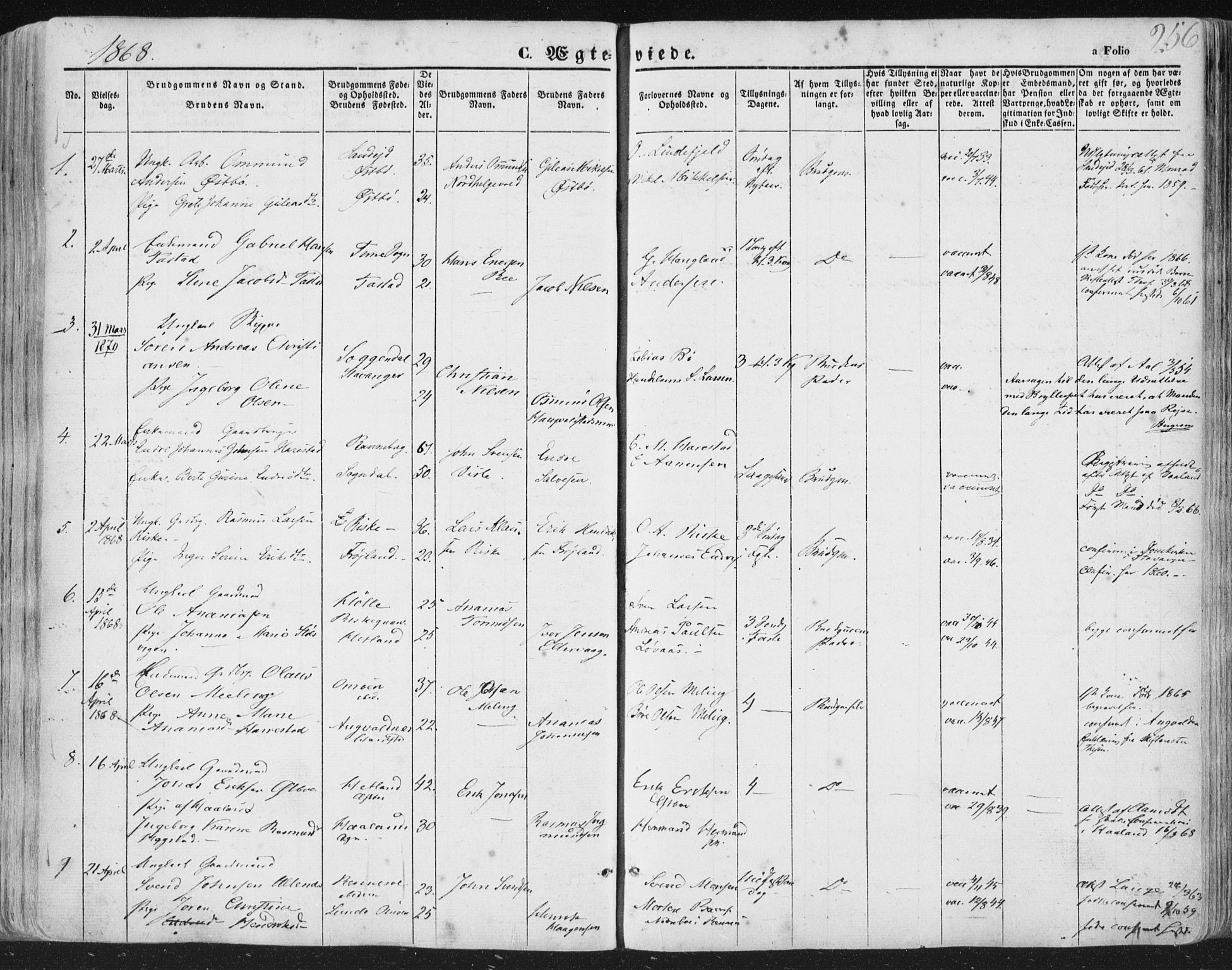 Hetland sokneprestkontor, AV/SAST-A-101826/30/30BA/L0002: Parish register (official) no. A 2, 1849-1869, p. 256