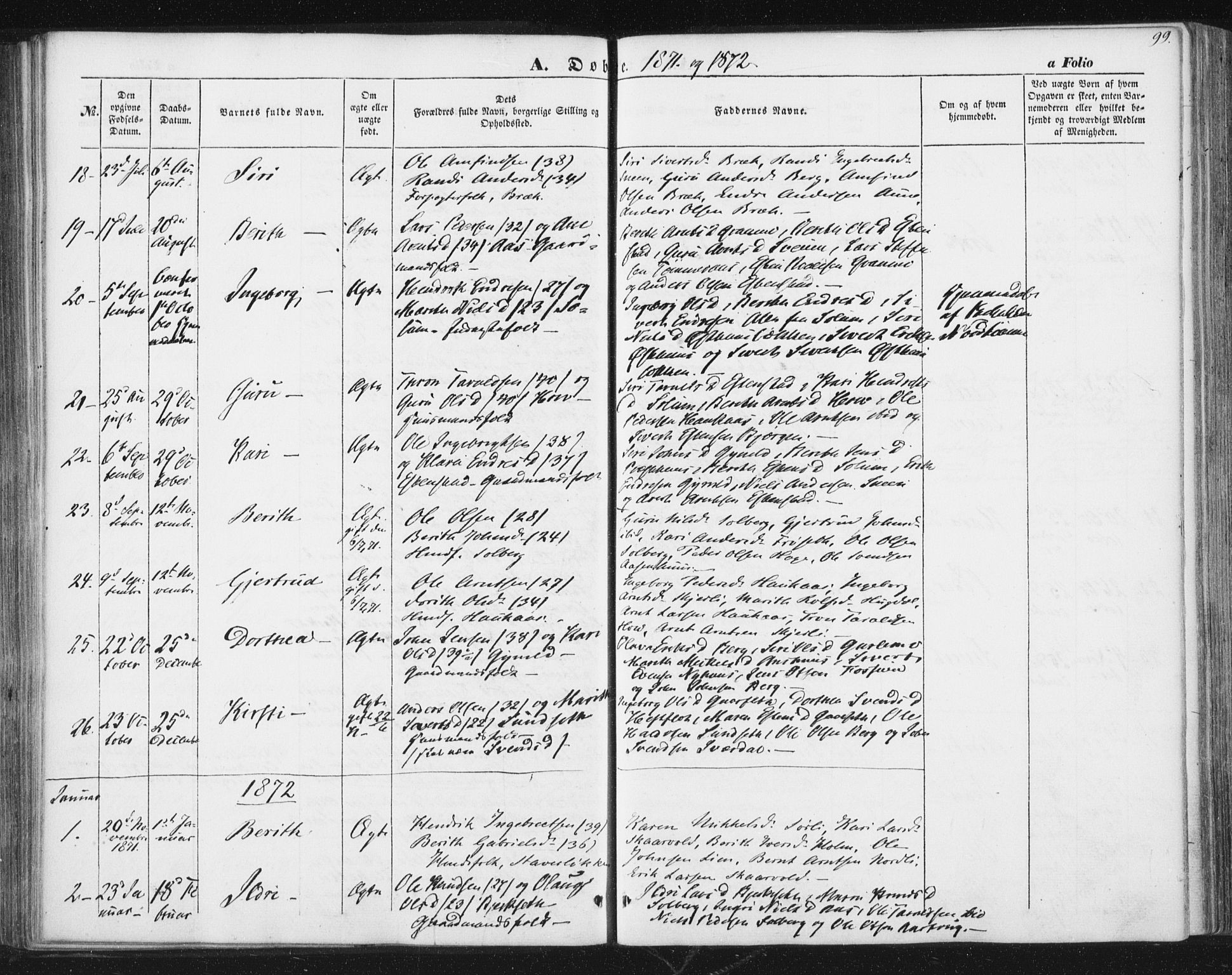 Ministerialprotokoller, klokkerbøker og fødselsregistre - Sør-Trøndelag, SAT/A-1456/689/L1038: Parish register (official) no. 689A03, 1848-1872, p. 99
