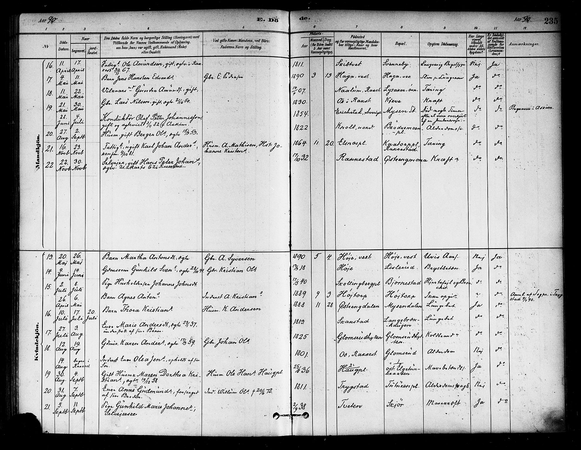 Eidsberg prestekontor Kirkebøker, AV/SAO-A-10905/F/Fa/L0012: Parish register (official) no. I 12, 1879-1901, p. 235
