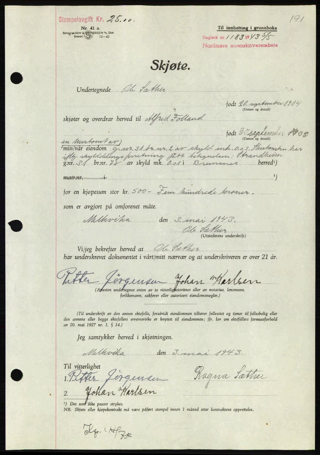 Nordmøre sorenskriveri, AV/SAT-A-4132/1/2/2Ca: Mortgage book no. A95, 1943-1943, Diary no: : 1183/1943