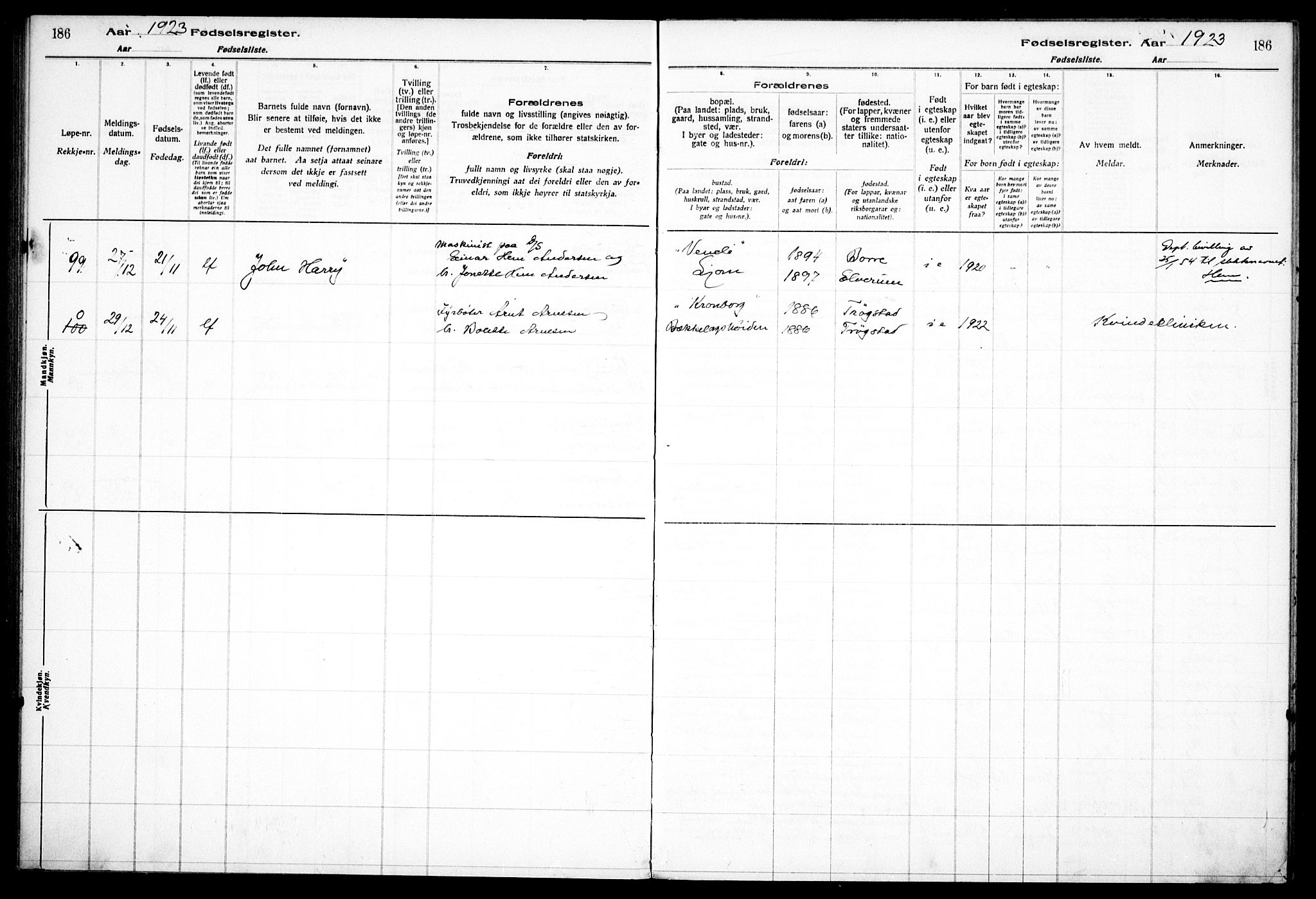 Nordstrand prestekontor Kirkebøker, AV/SAO-A-10362a/J/Ja/L0001: Birth register no. I 1, 1916-1924, p. 186