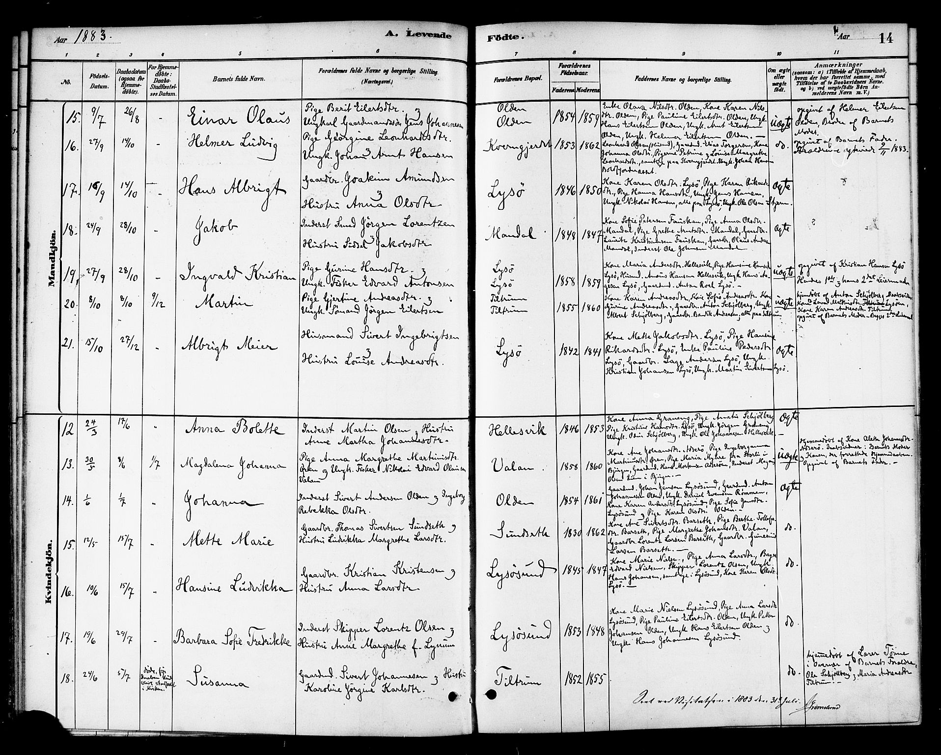 Ministerialprotokoller, klokkerbøker og fødselsregistre - Sør-Trøndelag, AV/SAT-A-1456/654/L0663: Parish register (official) no. 654A01, 1880-1894, p. 14