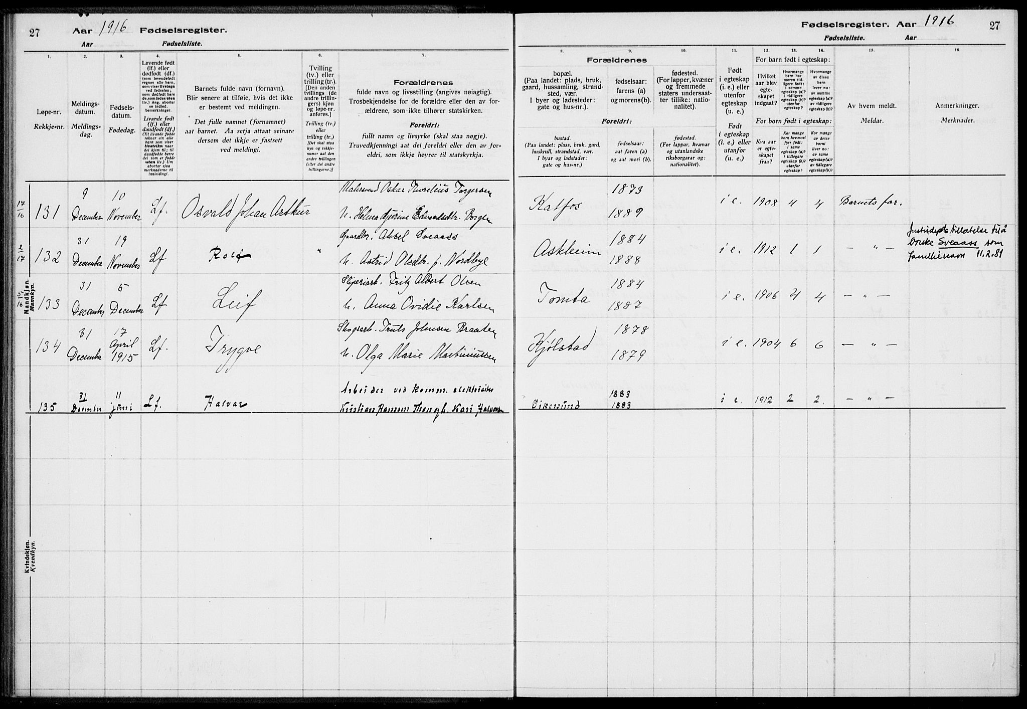 Modum kirkebøker, AV/SAKO-A-234/J/Ja/L0001: Birth register no. I 1, 1916-1923, p. 27