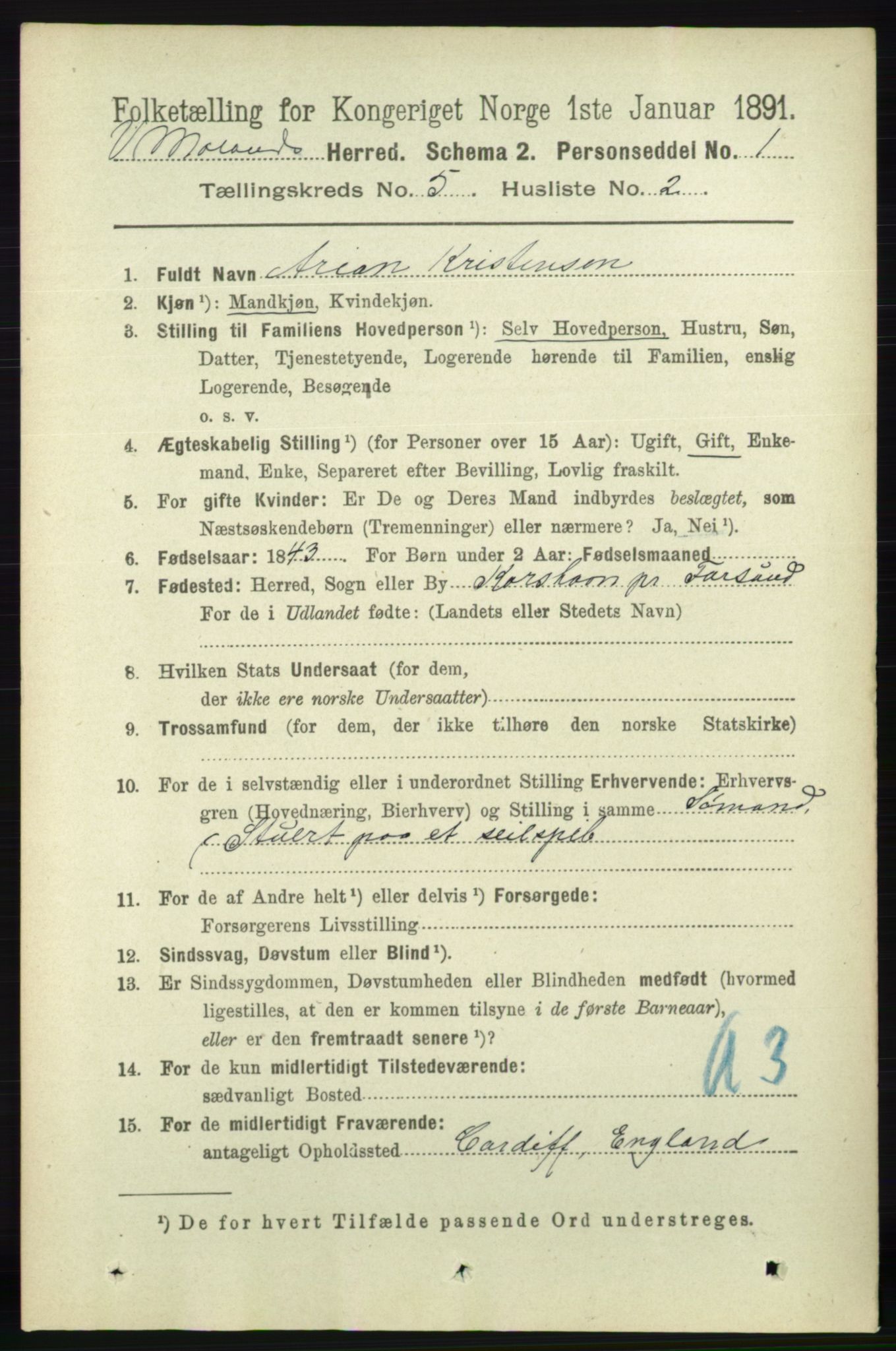 RA, 1891 census for 0926 Vestre Moland, 1891, p. 1847