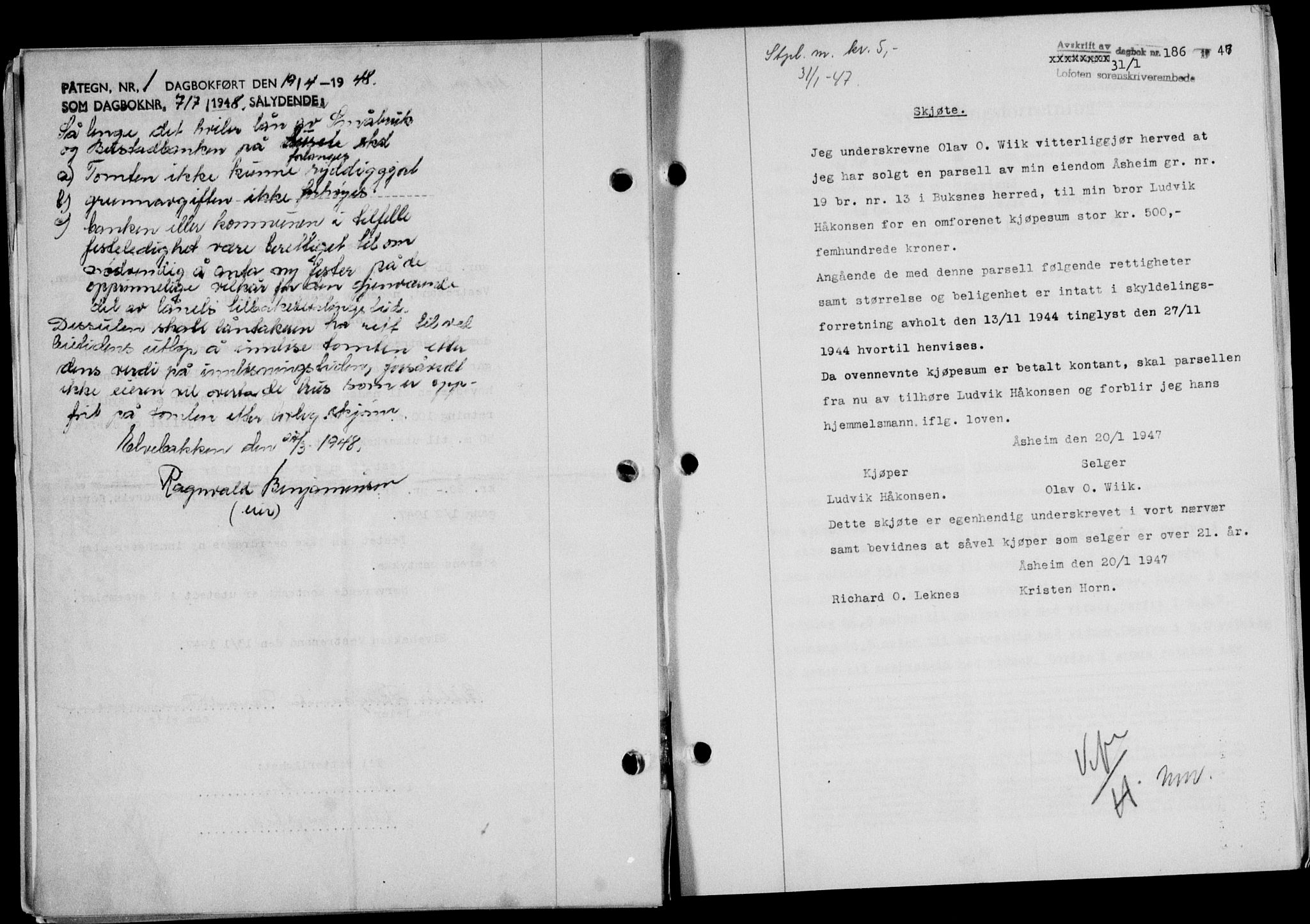 Lofoten sorenskriveri, SAT/A-0017/1/2/2C/L0015a: Mortgage book no. 15a, 1946-1947, Diary no: : 186/1947