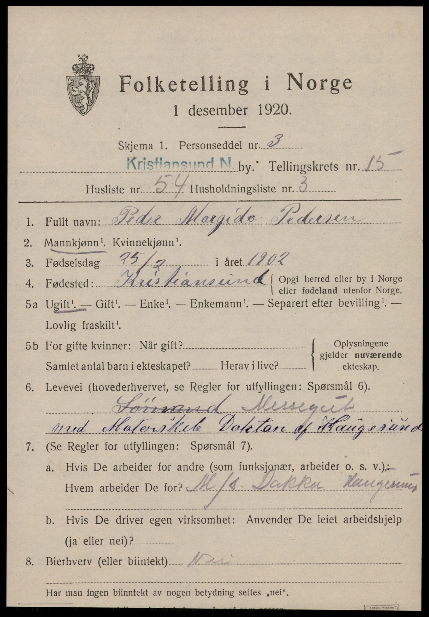 SAT, 1920 census for Kristiansund, 1920, p. 31999