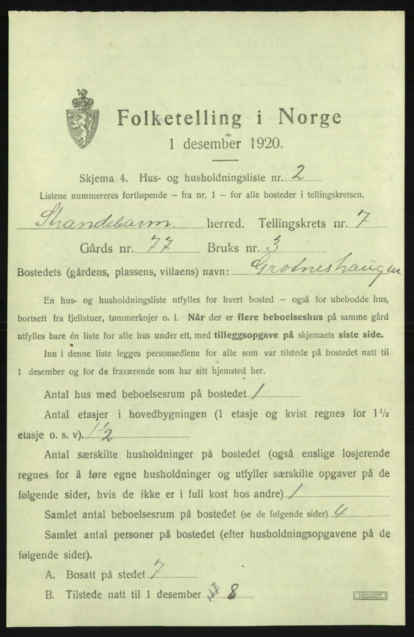 SAB, 1920 census for Strandebarm, 1920, p. 1182