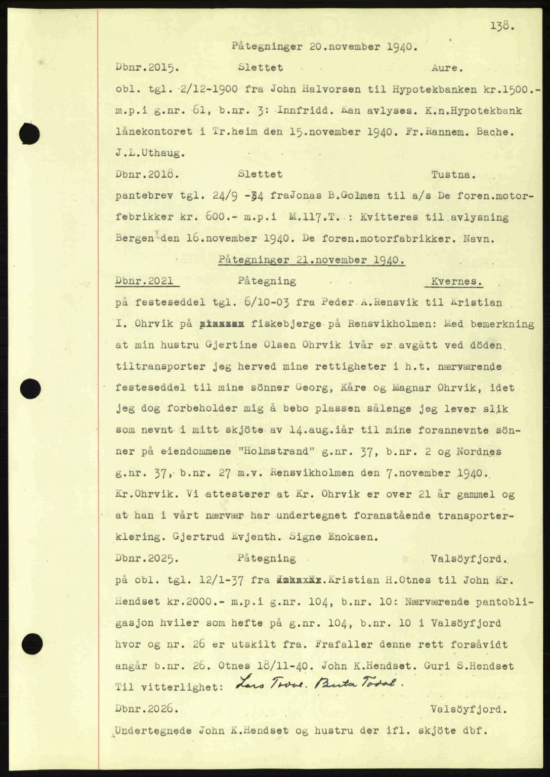 Nordmøre sorenskriveri, AV/SAT-A-4132/1/2/2Ca: Mortgage book no. C81, 1940-1945, Diary no: : 2015/1940