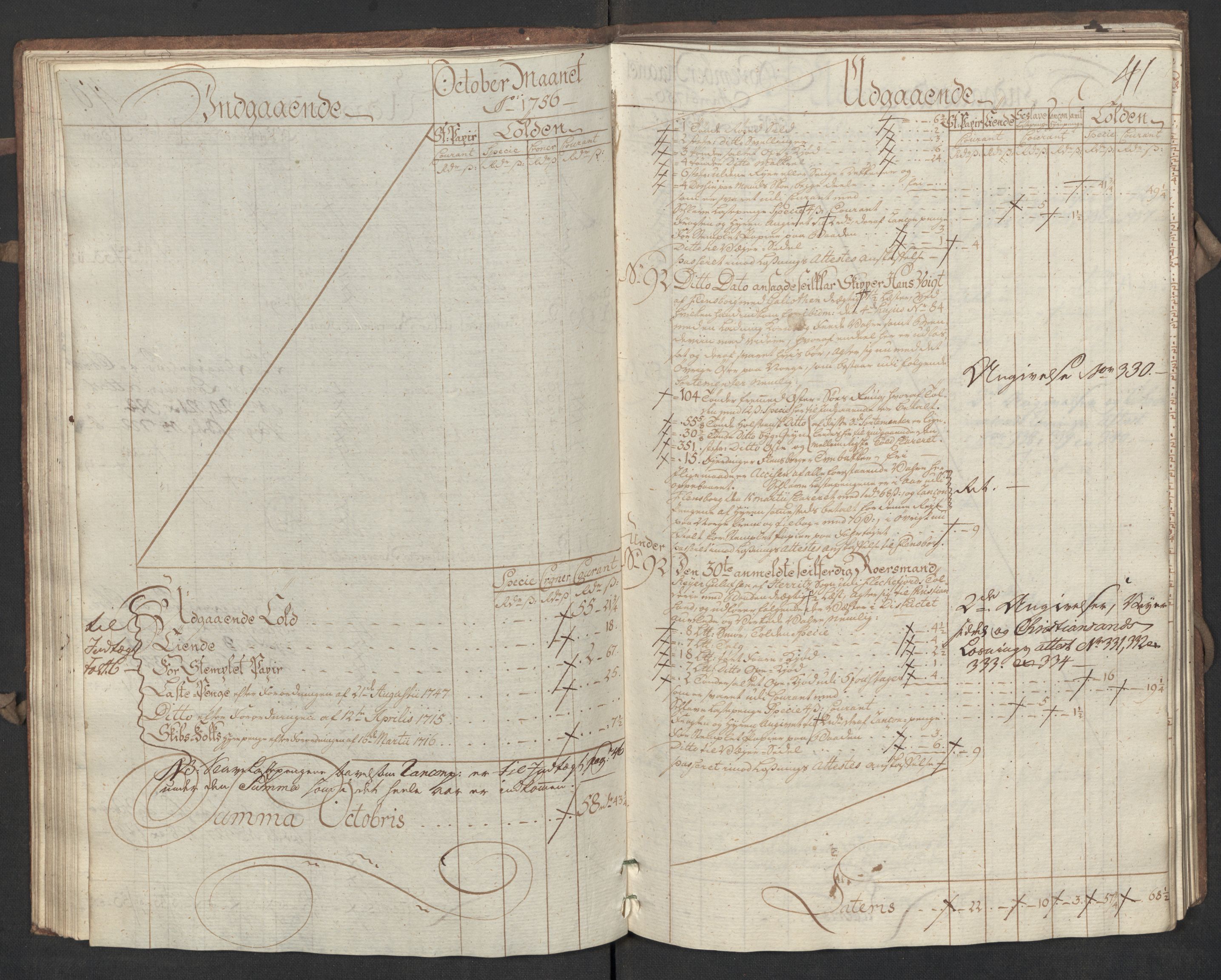 Generaltollkammeret, tollregnskaper, AV/RA-EA-5490/R17/L0017/0002: Tollregnskaper Mandal / Utgående hovedtollbok, 1756, p. 40b-41a