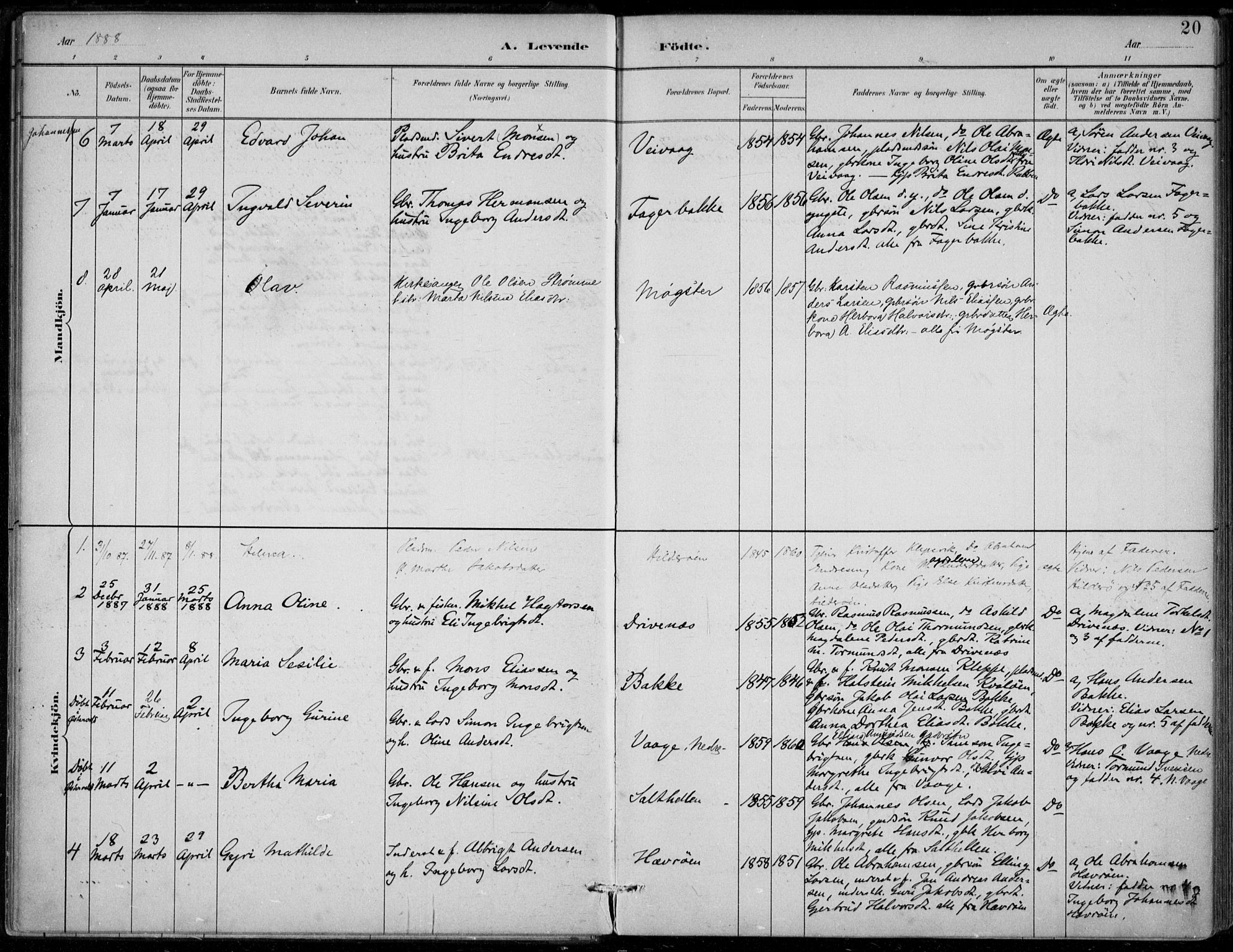 Sund sokneprestembete, AV/SAB-A-99930: Parish register (official) no. D 1, 1882-1899, p. 20