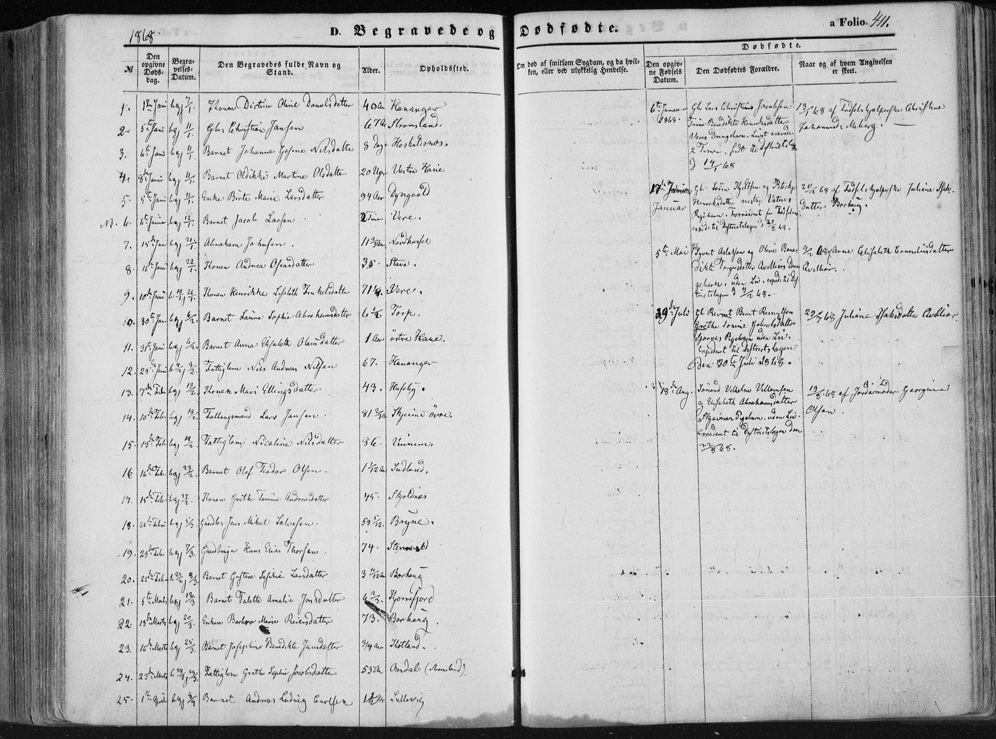 Lista sokneprestkontor, AV/SAK-1111-0027/F/Fa/L0011: Parish register (official) no. A 11, 1861-1878, p. 411