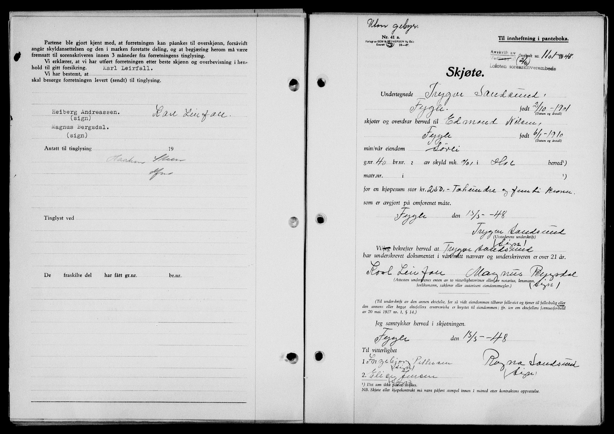 Lofoten sorenskriveri, SAT/A-0017/1/2/2C/L0018a: Mortgage book no. 18a, 1948-1948, Diary no: : 1101/1948