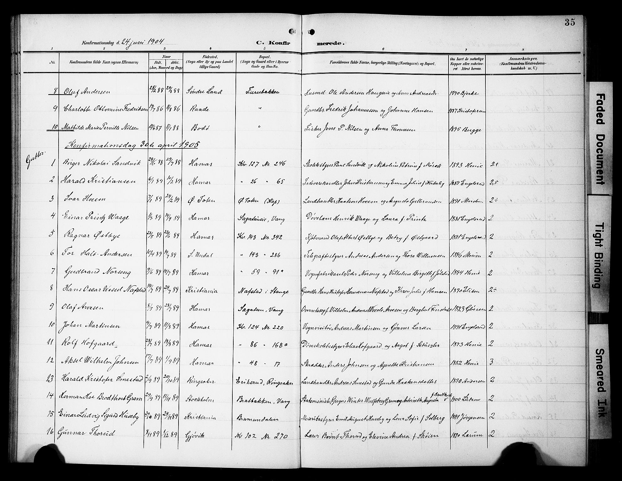 Hamar prestekontor, SAH/DOMPH-002/H/Ha/Hab/L0002: Parish register (copy) no. 2, 1899-1929, p. 35