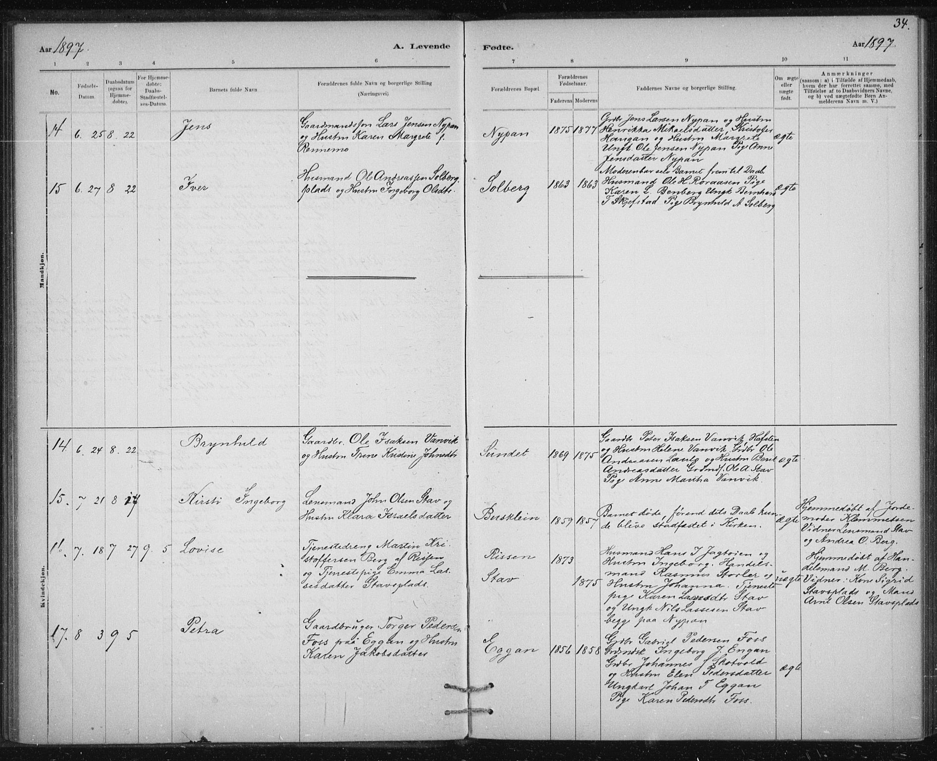 Ministerialprotokoller, klokkerbøker og fødselsregistre - Sør-Trøndelag, AV/SAT-A-1456/613/L0392: Parish register (official) no. 613A01, 1887-1906, p. 34