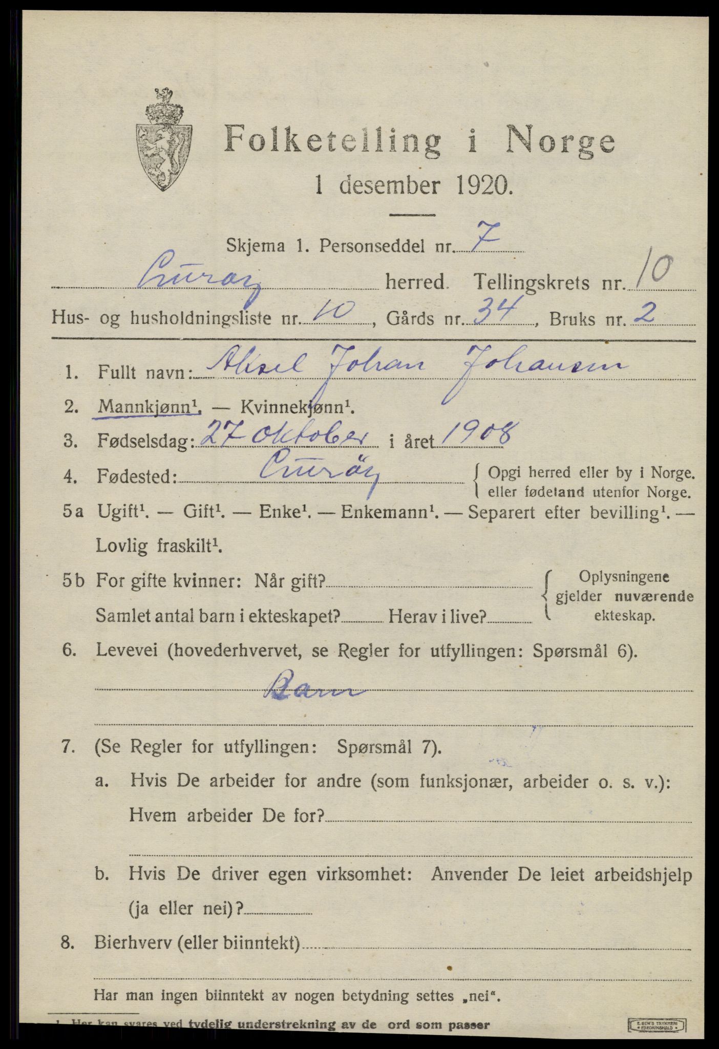 SAT, 1920 census for Lurøy, 1920, p. 4537
