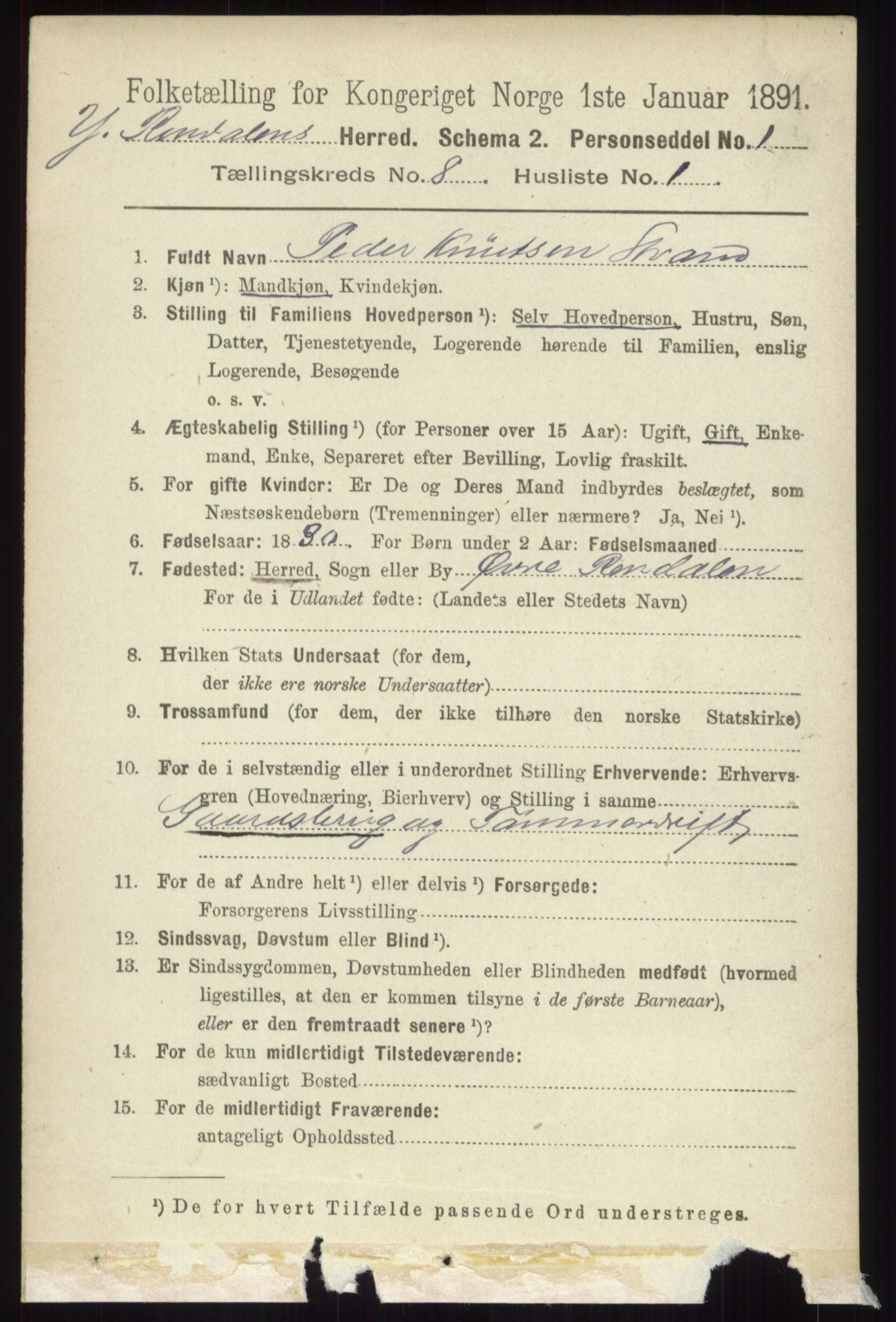 RA, 1891 census for 0432 Ytre Rendal, 1891, p. 2094
