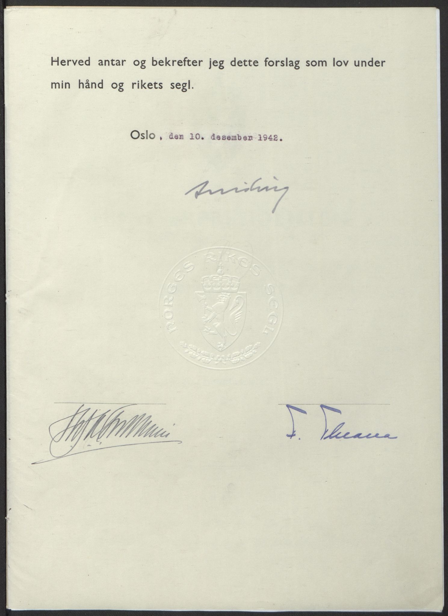 NS-administrasjonen 1940-1945 (Statsrådsekretariatet, de kommisariske statsråder mm), RA/S-4279/D/Db/L0098: Lover II, 1942, p. 557