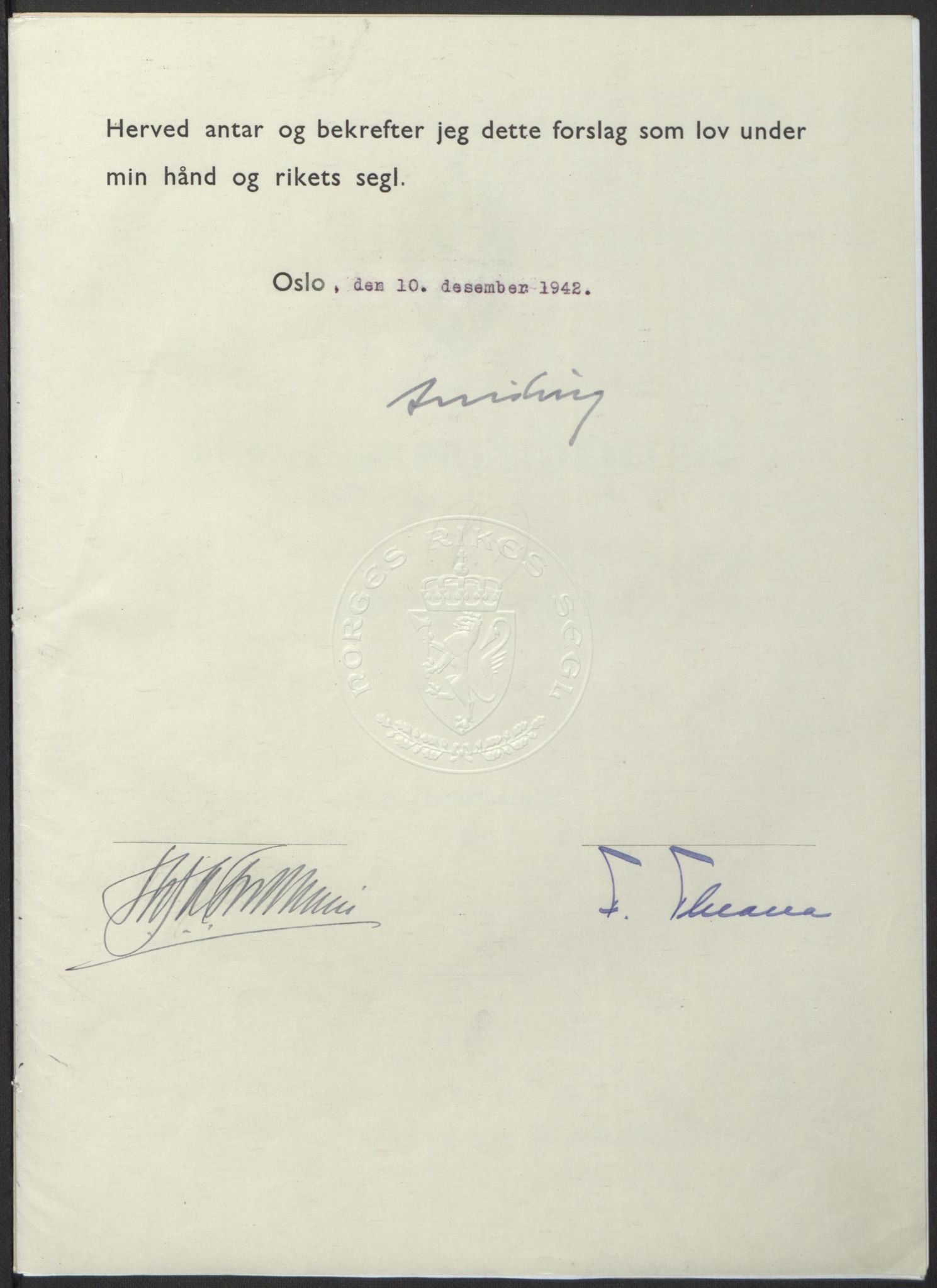 NS-administrasjonen 1940-1945 (Statsrådsekretariatet, de kommisariske statsråder mm), AV/RA-S-4279/D/Db/L0098: Lover II, 1942, p. 557