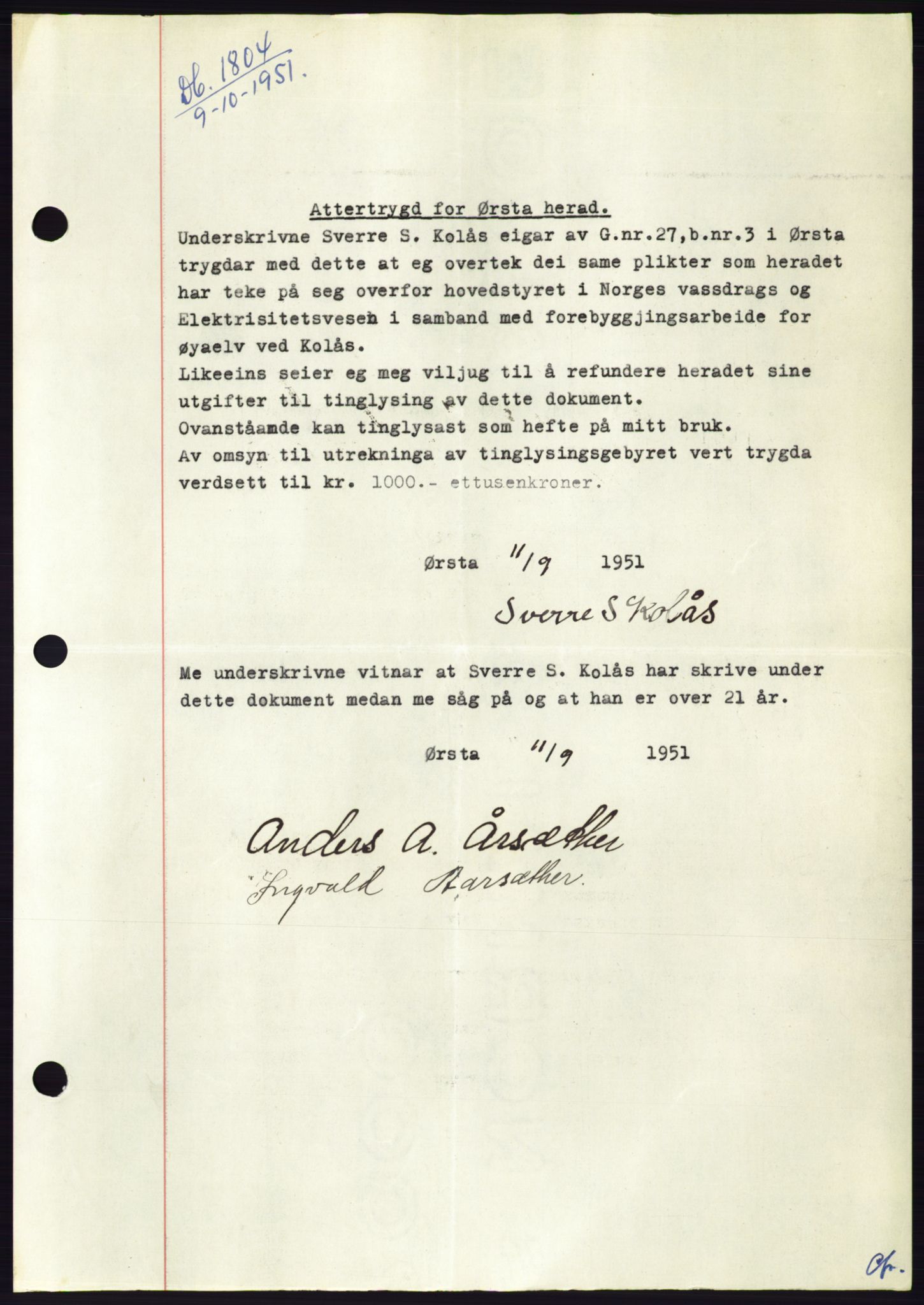 Søre Sunnmøre sorenskriveri, AV/SAT-A-4122/1/2/2C/L0090: Mortgage book no. 16A, 1951-1951, Diary no: : 1804/1951