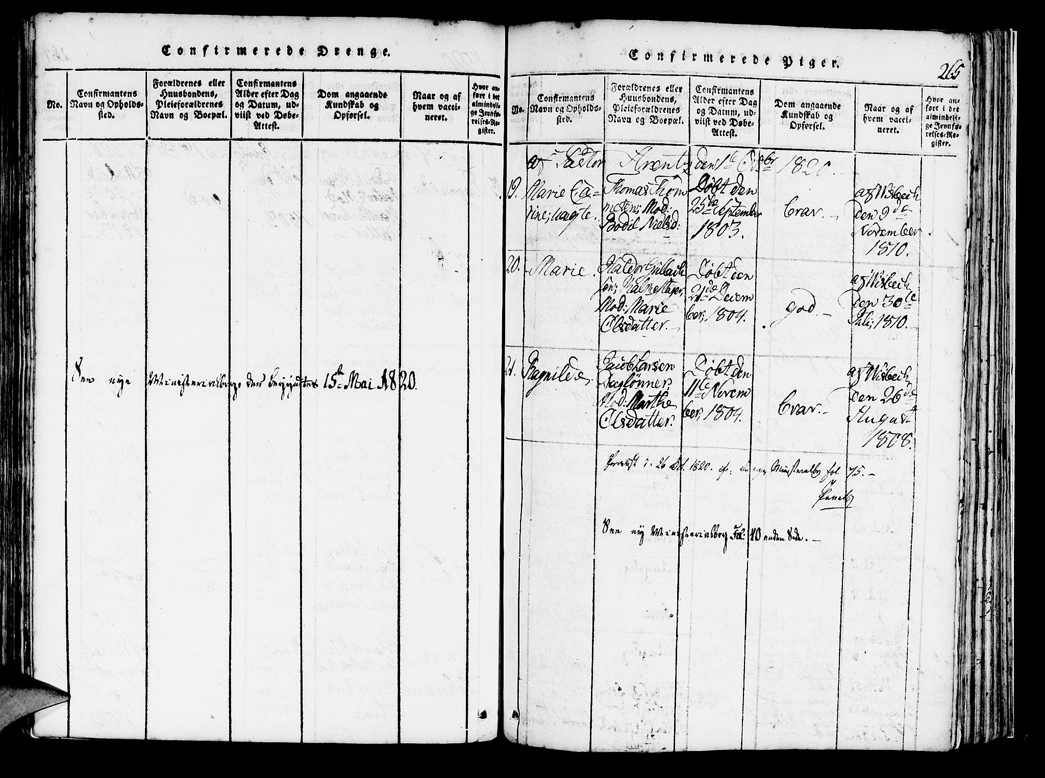 Domkirken sokneprestembete, SAB/A-74801/H/Haa/L0010: Parish register (official) no. A 10, 1816-1821, p. 265