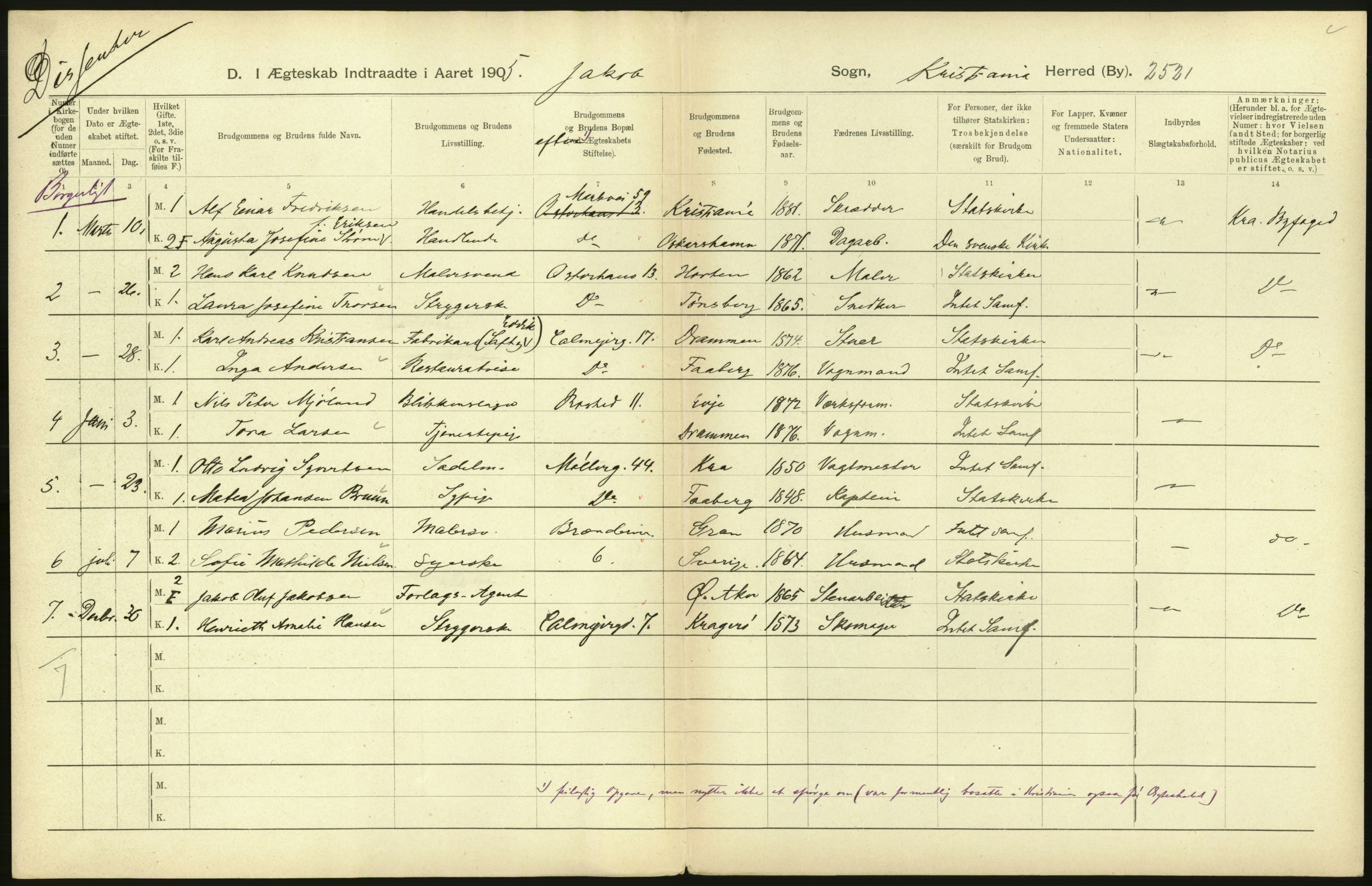 Statistisk sentralbyrå, Sosiodemografiske emner, Befolkning, AV/RA-S-2228/D/Df/Dfa/Dfac/L0007b: Kristiania: Gifte, 1905, p. 190