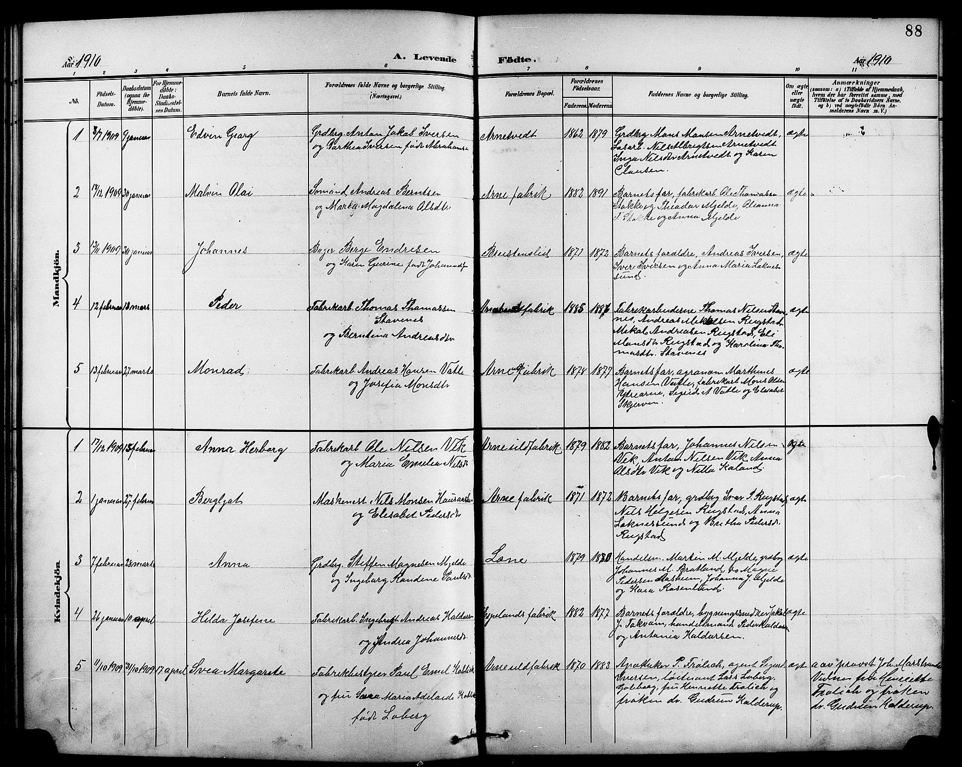 Arna Sokneprestembete, SAB/A-74001/H/Ha/Hab: Parish register (copy) no. A 4, 1898-1910, p. 88