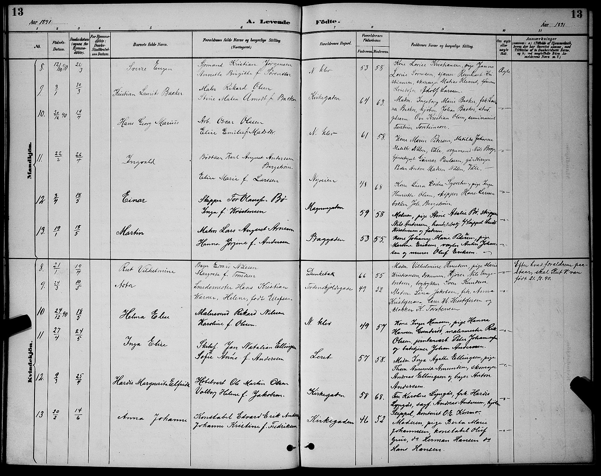 Holmestrand kirkebøker, AV/SAKO-A-346/G/Ga/L0005: Parish register (copy) no. 5, 1889-1901, p. 13