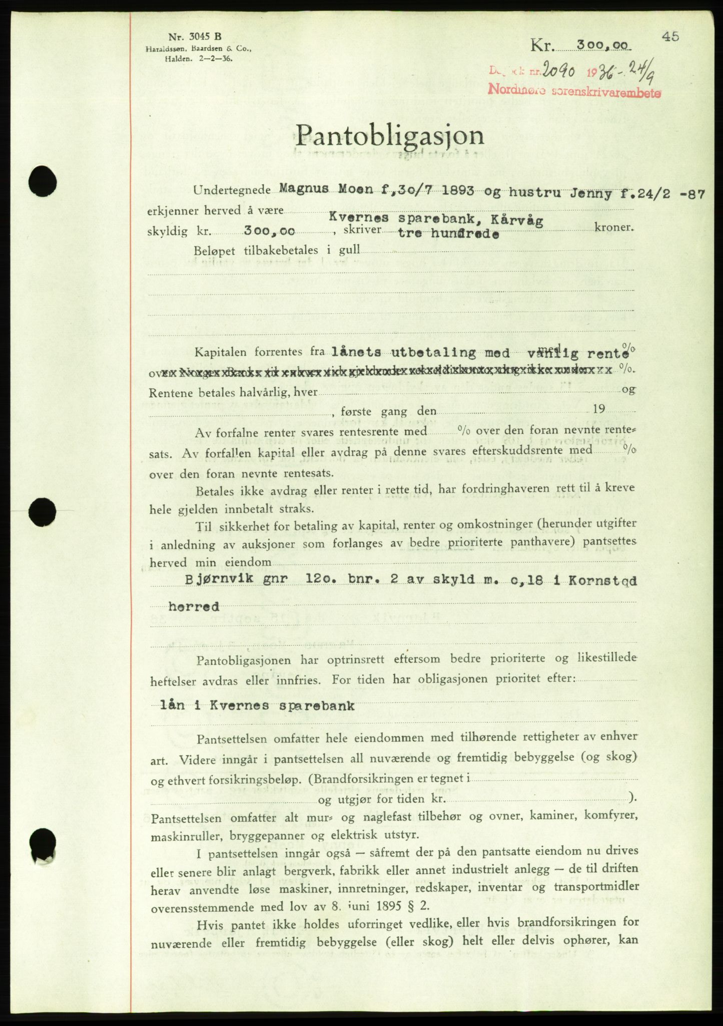 Nordmøre sorenskriveri, AV/SAT-A-4132/1/2/2Ca/L0090: Mortgage book no. B80, 1936-1937, Diary no: : 2090/1936