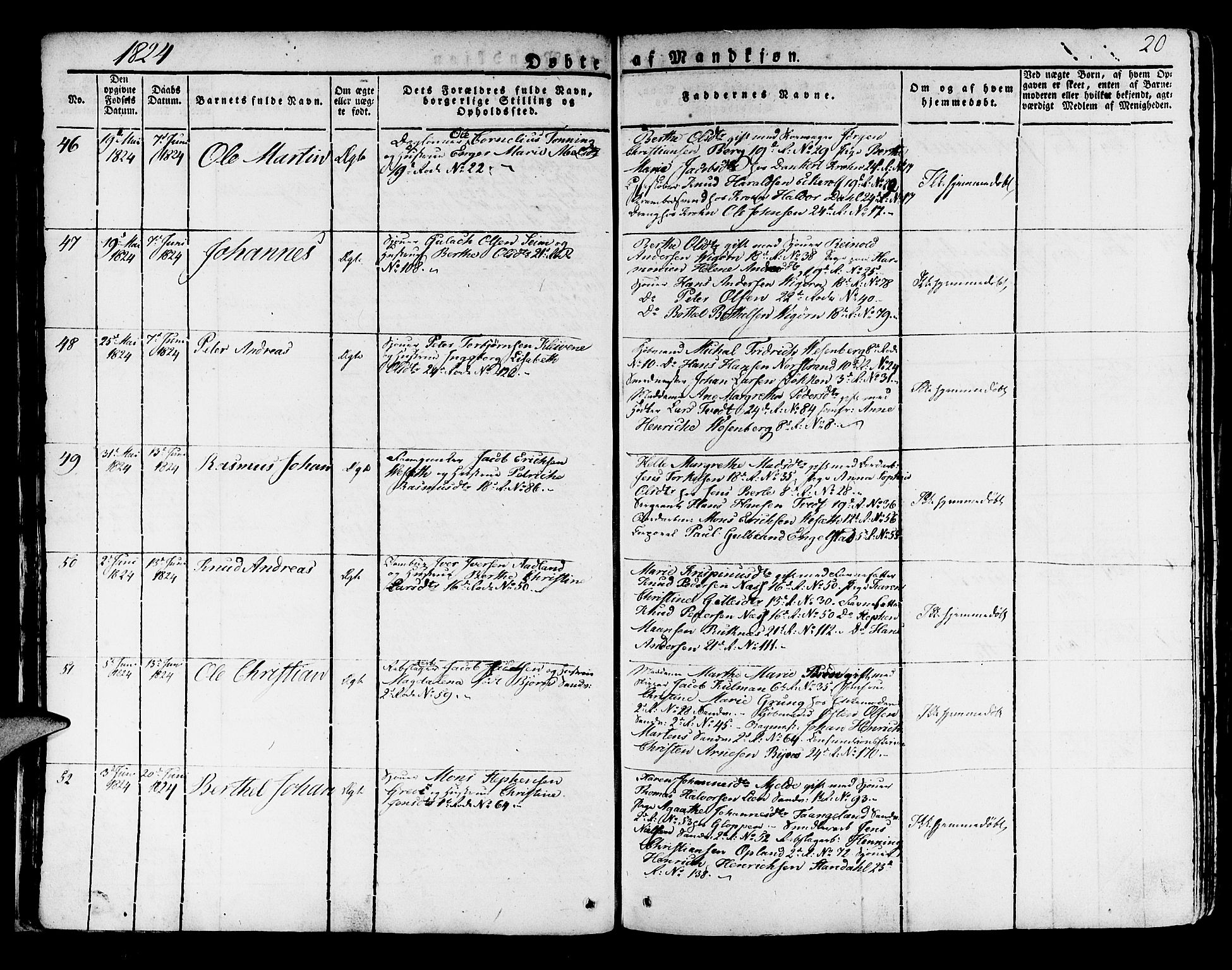 Korskirken sokneprestembete, AV/SAB-A-76101/H/Haa/L0014: Parish register (official) no. A 14, 1823-1835, p. 20