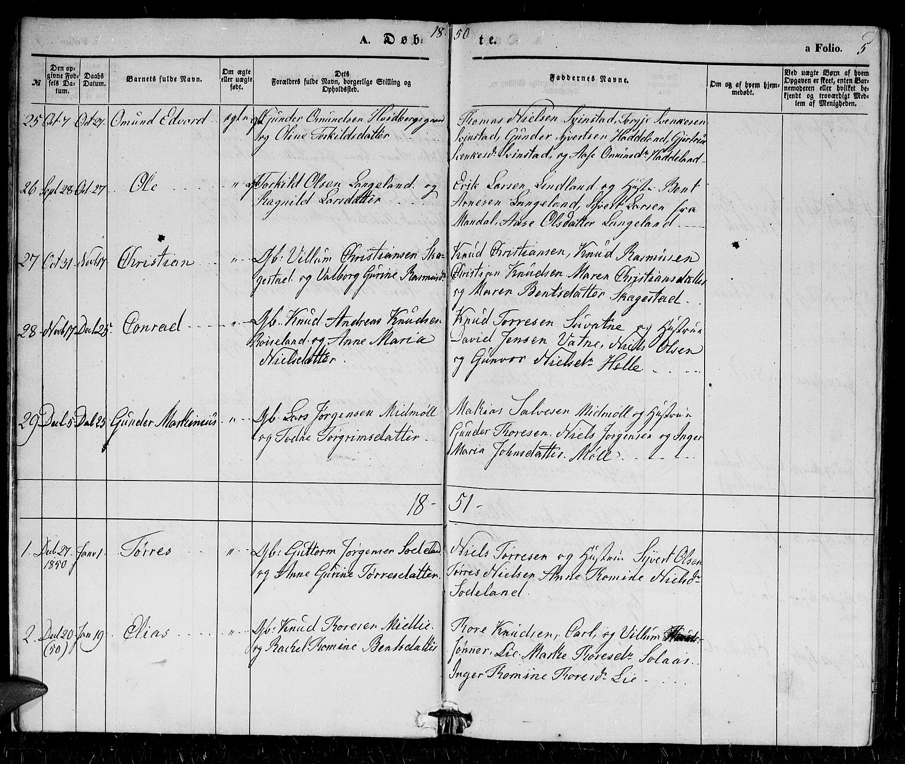 Holum sokneprestkontor, SAK/1111-0022/F/Fb/Fba/L0003: Parish register (copy) no. B 3, 1850-1866, p. 5