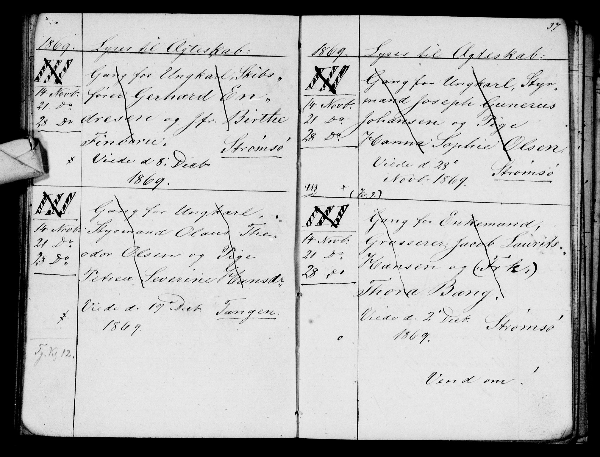 Strømsø kirkebøker, AV/SAKO-A-246/H/Ha/L0003: Banns register no. 3, 1866-1874, p. 37