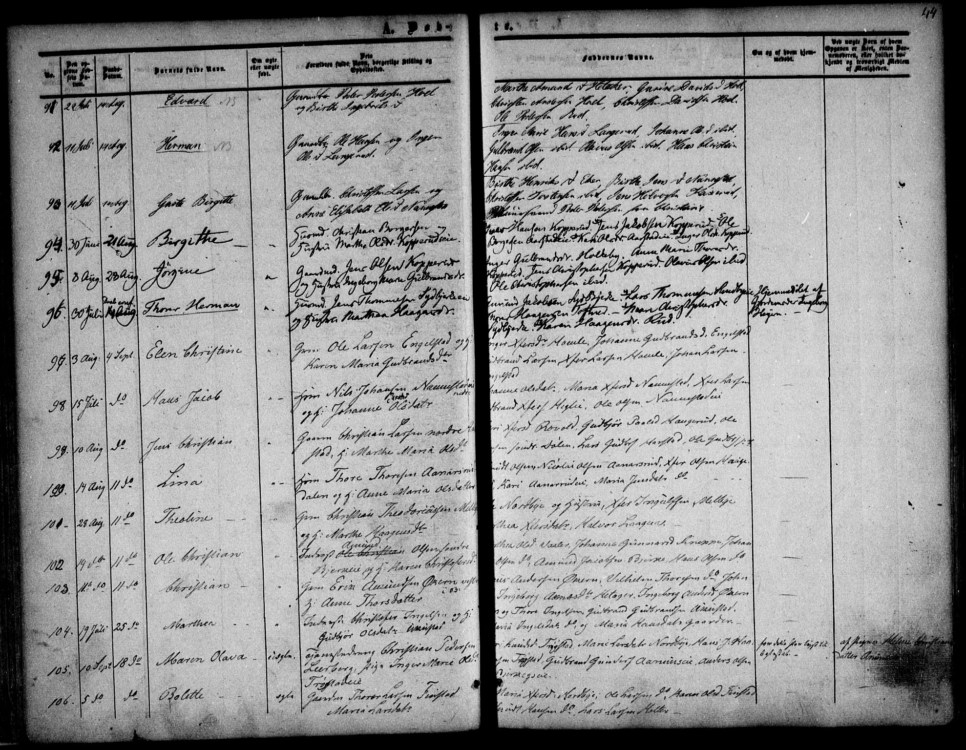 Nannestad prestekontor Kirkebøker, AV/SAO-A-10414a/F/Fa/L0011: Parish register (official) no. I 11, 1850-1859, p. 44