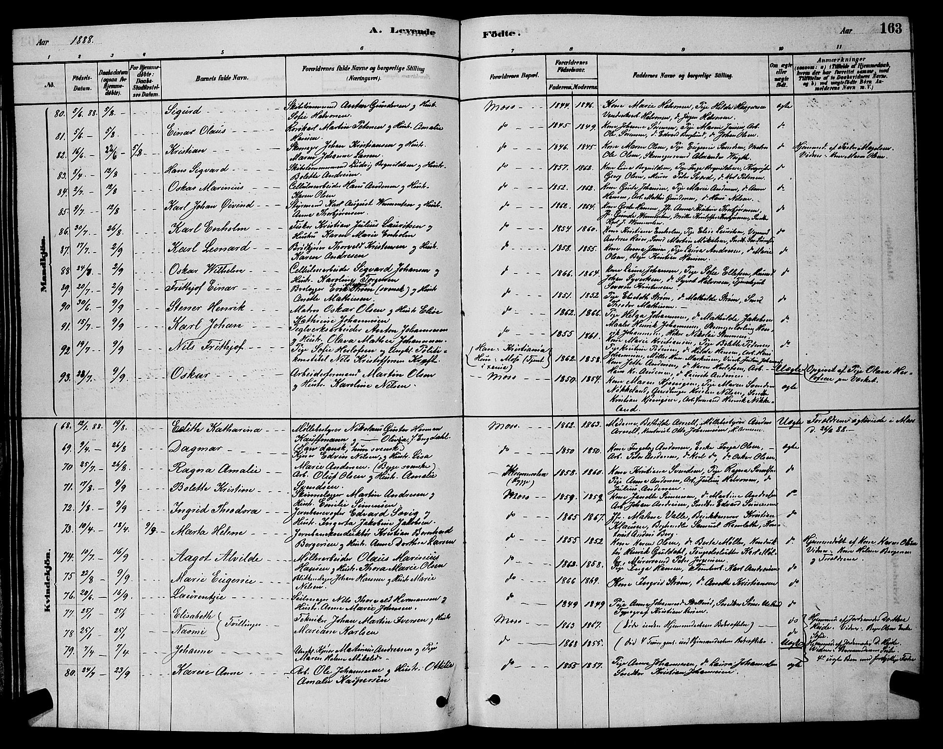 Moss prestekontor Kirkebøker, AV/SAO-A-2003/G/Ga/L0005: Parish register (copy) no. I 5, 1878-1888, p. 163