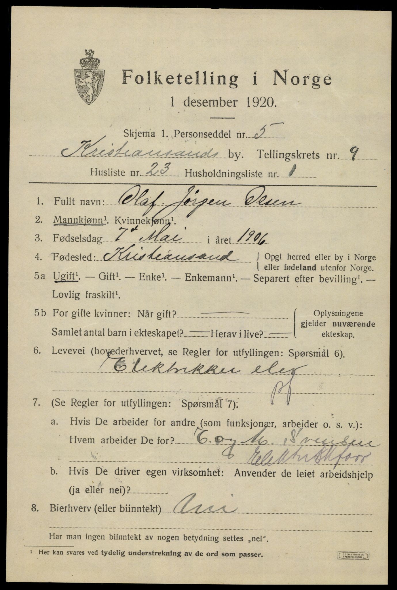 SAK, 1920 census for Kristiansand, 1920, p. 22923