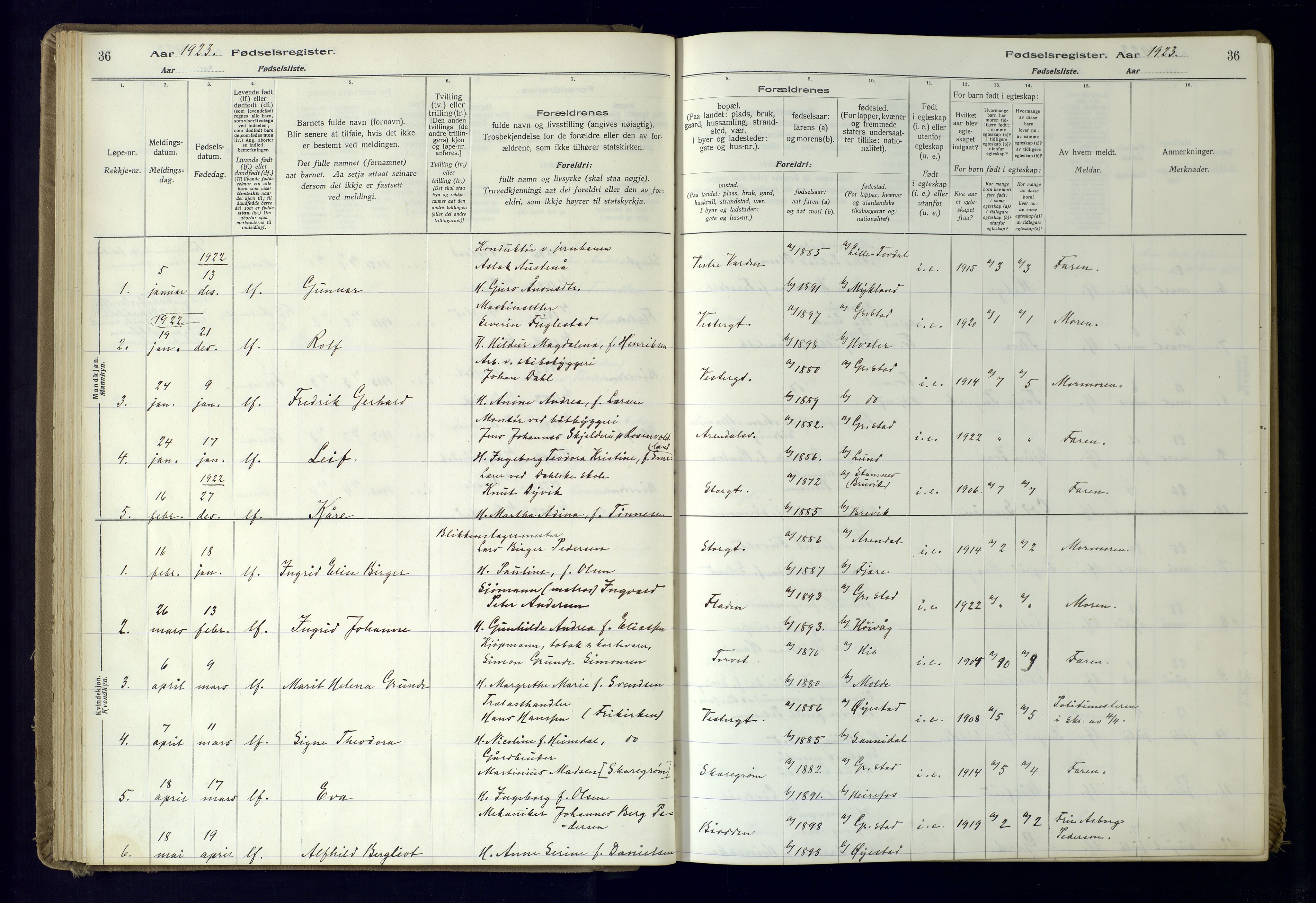 Grimstad sokneprestkontor, AV/SAK-1111-0017/J/Ja/L0001: Birth register no. 1, 1916-1960, p. 36